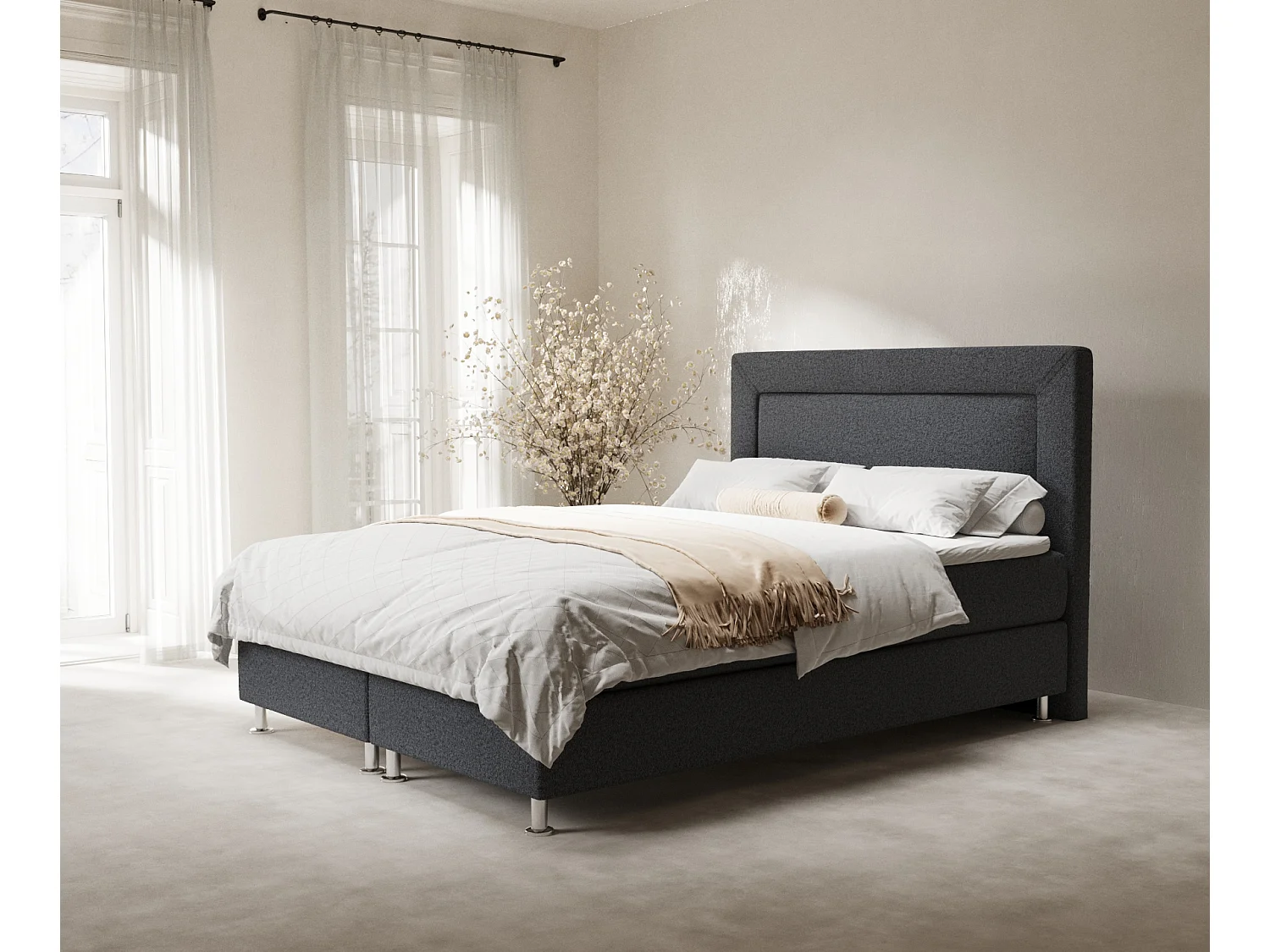 Łóżko boxspring w tkaninie plecionej Laguno - materac - topper - 200x200 cm - czarny 3991461 - obrazek 1