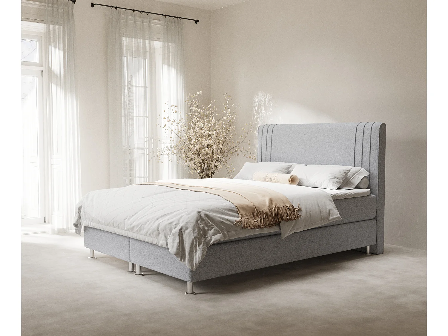 Łóżko boxspring w tkaninie plecionej Casone – materac – topper – 140×200 cm – jasnoszary 3991474