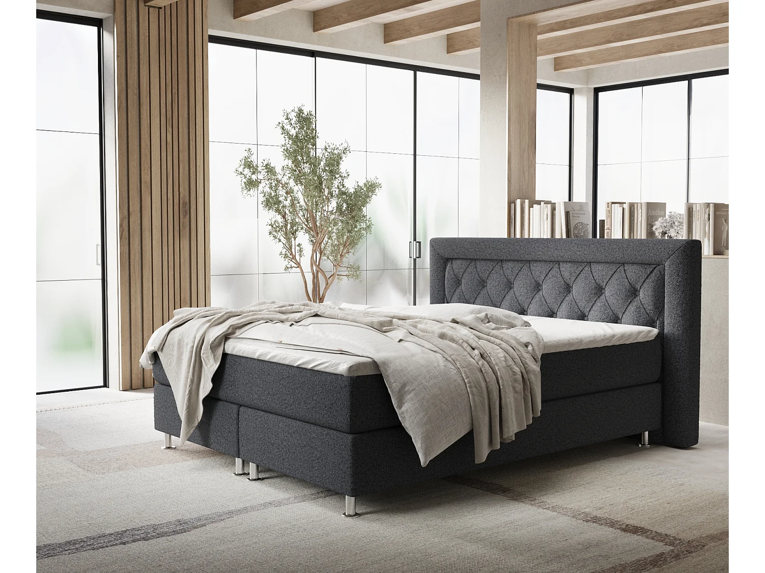 Łóżko boxspring w tkaninie plecionej Lavello - materac - topper - 180x200 cm - czarny 3991481 - obrazek 1