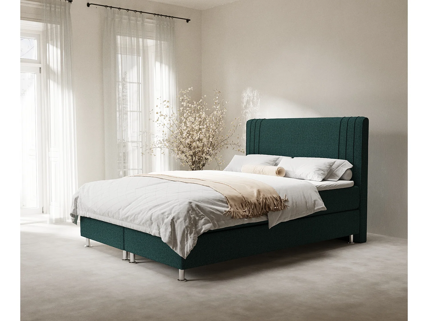 Łóżko boxspring w tkaninie plecionej Casone – materac – topper – 200×200 cm – zielony 3991487