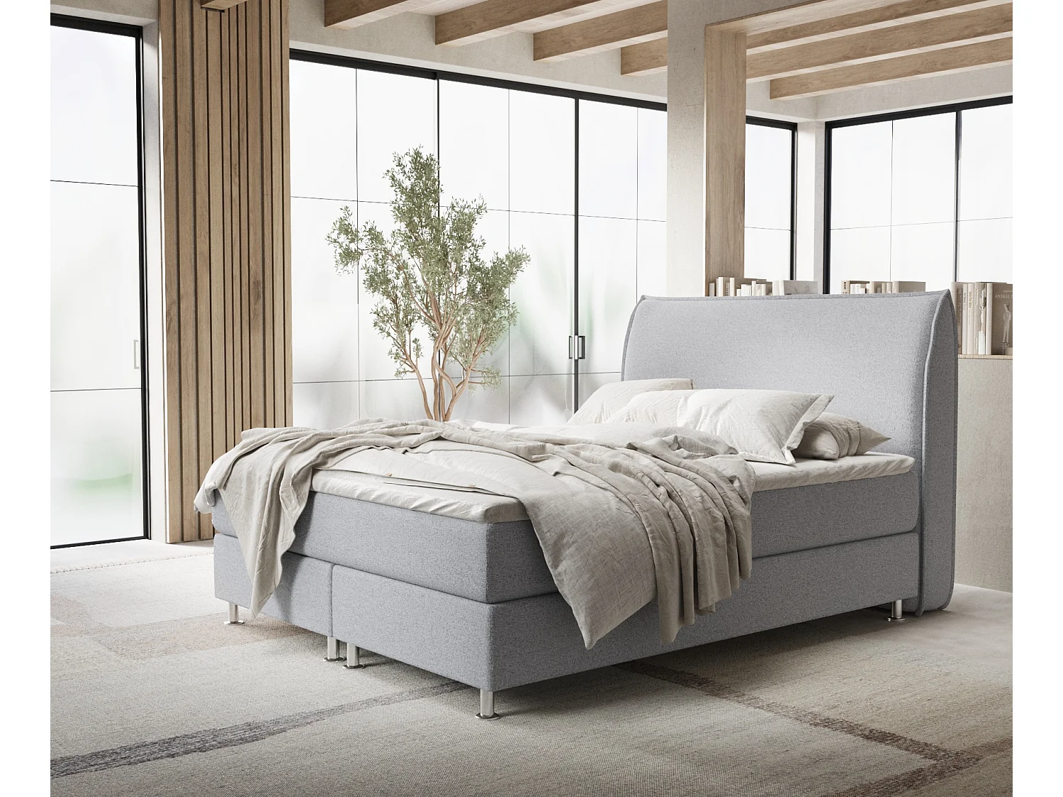 Łóżko boxspring w tkaninie plecionej Chermin - materac - topper - 140x200 cm - jasnoszary 3991492 - obrazek 1