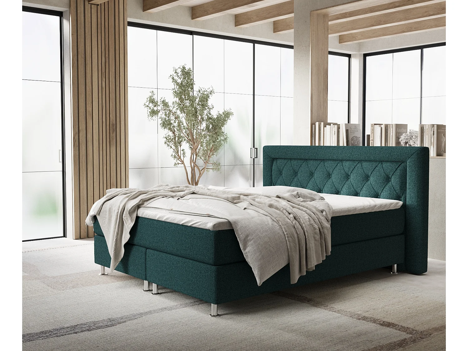 Łóżko boxspring w tkaninie plecionej Lavello - materac - topper - 160x200 cm - zielony 3991494 - obrazek 1