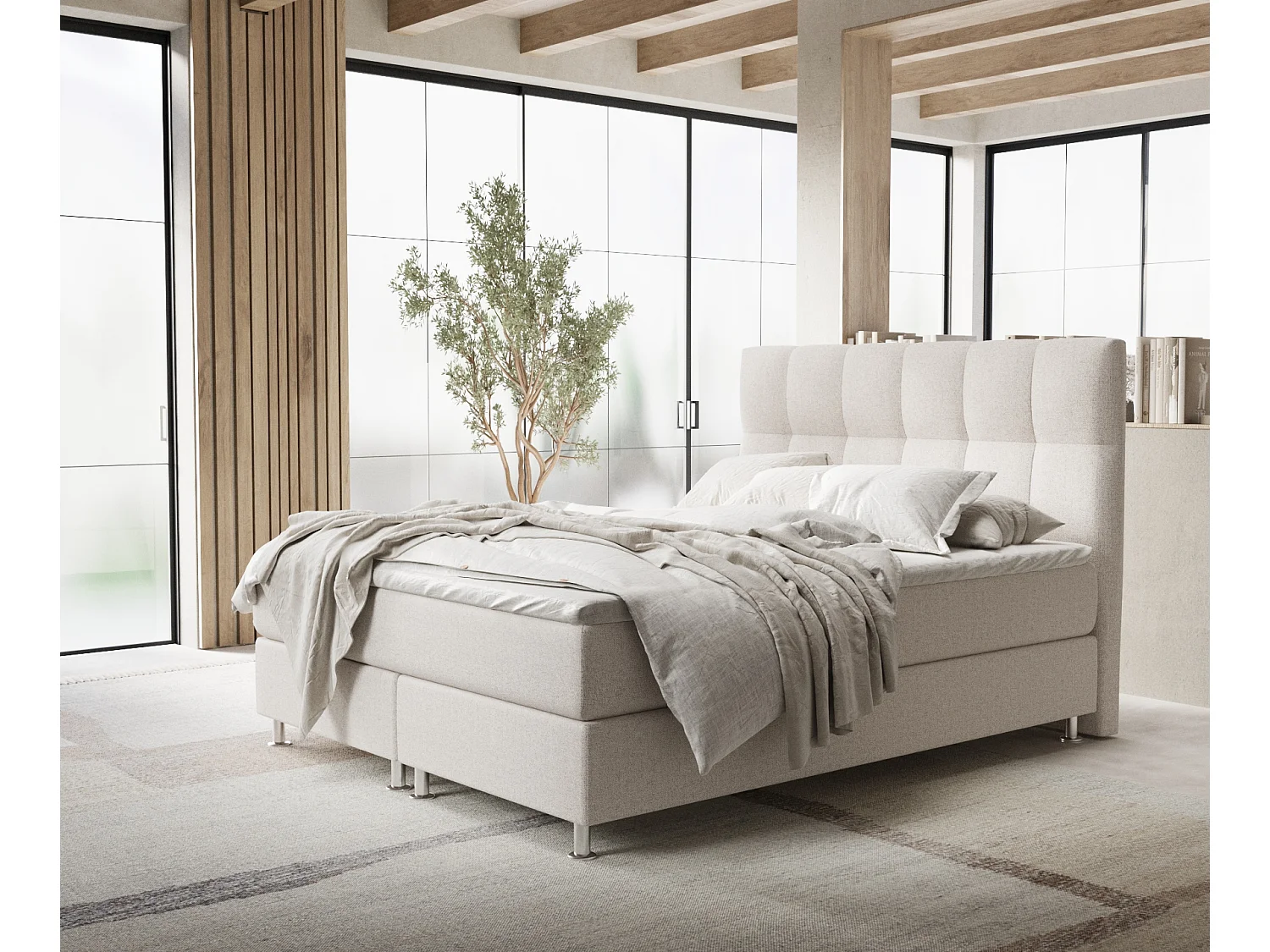 Łóżko boxspring w tkaninie plecionej Elisio - materac - topper - 160x200 cm - beżowy 3991497 - obrazek 1