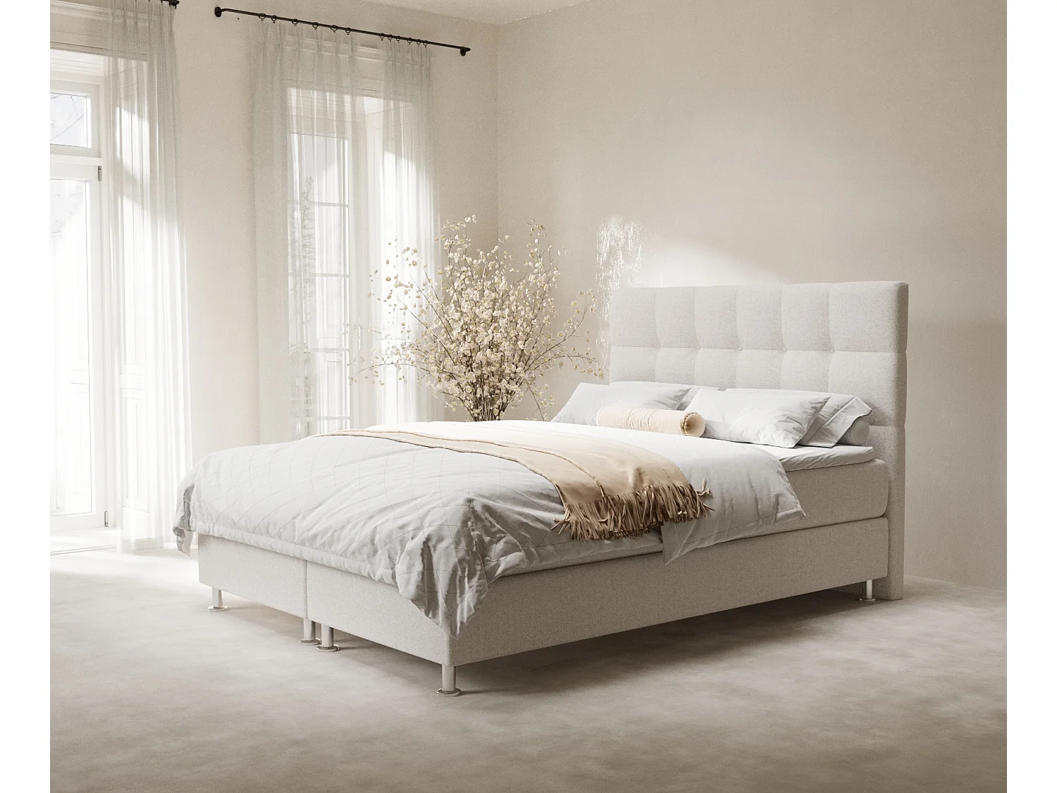 Łóżko boxspring w tkaninie plecionej Chanton – materac – topper – 160×200 cm – beżowy 3991506