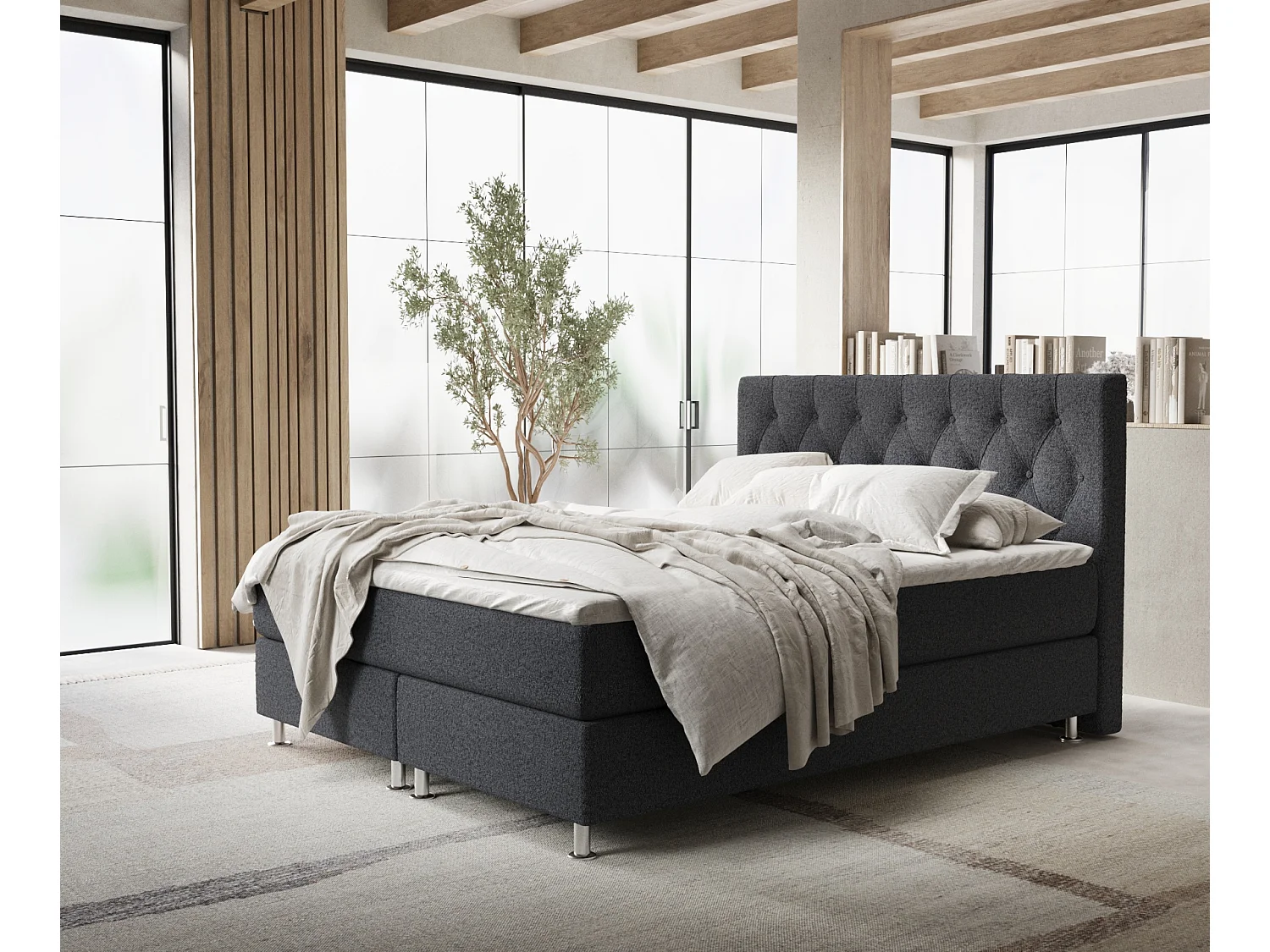Łóżko boxspring w tkaninie plecionej Excelsior - materac - topper - 200x200 cm - czarny 3991505 - obrazek 1