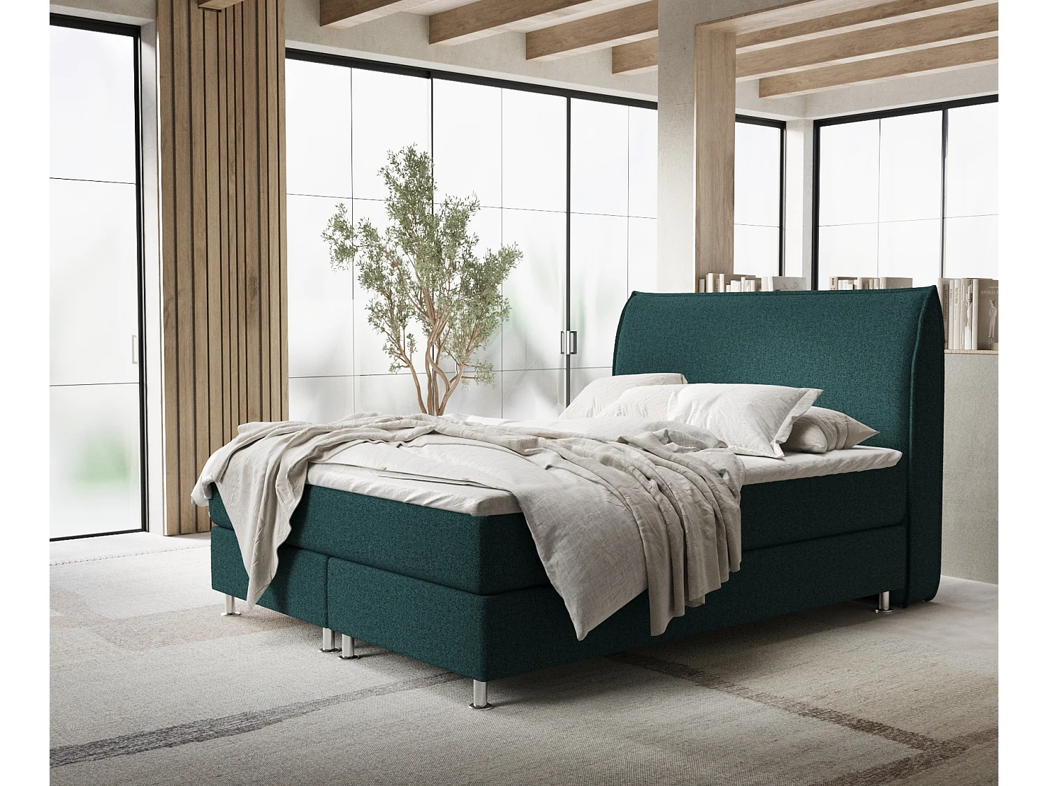 Łóżko boxspring w tkaninie plecionej Chermin - materac - topper - 140x200 cm - zielony 3991510 - obrazek 1