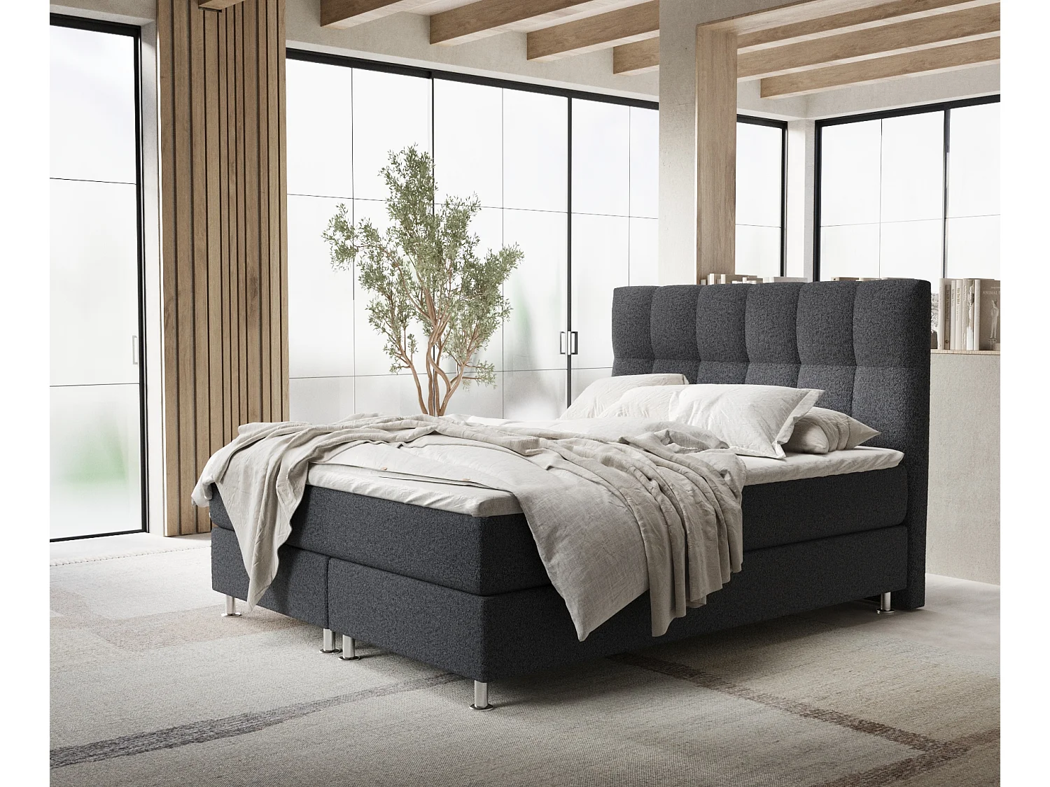 Łóżko boxspring w tkaninie plecionej Elisio - materac - topper - 180x200 cm - czarny 3991527 - obrazek 1