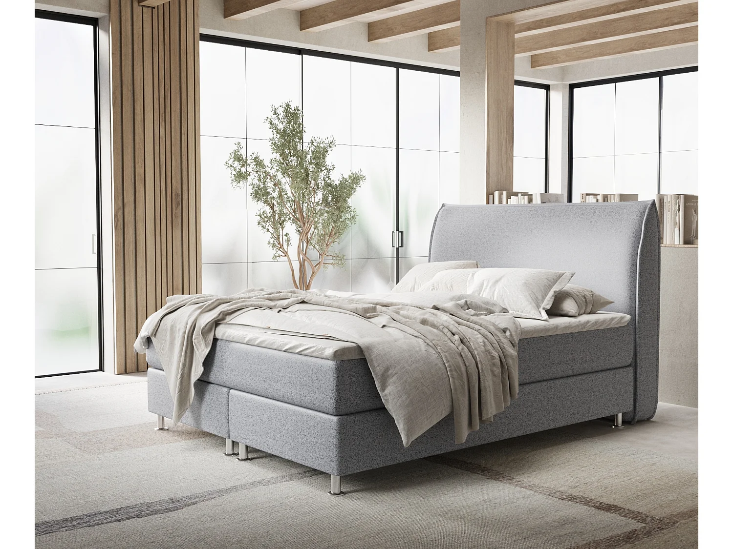 Łóżko boxspring w tkaninie plecionej Chermin – materac – topper – 200×200 cm – szary 3991550