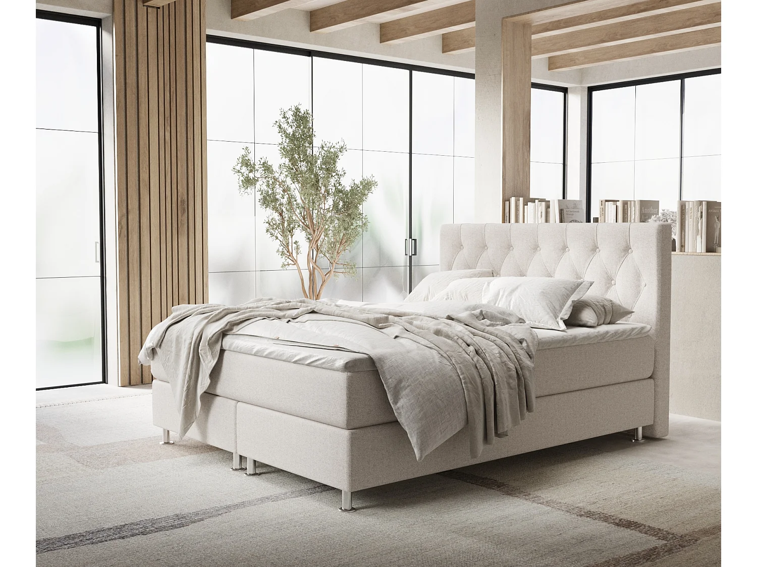Łóżko boxspring w tkaninie plecionej Excelsior - materac - topper - 180x200 cm - beżowy 3991556 - obrazek 1
