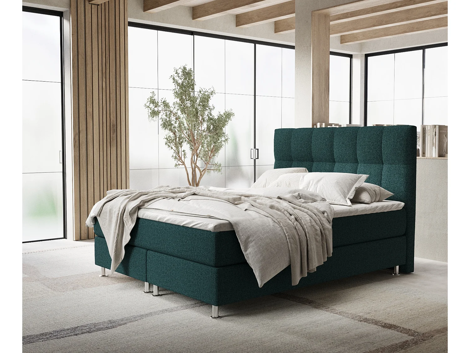 Łóżko boxspring w tkaninie plecionej Elisio - materac - topper - 180x200 cm - zielony 3991557 - obrazek 1