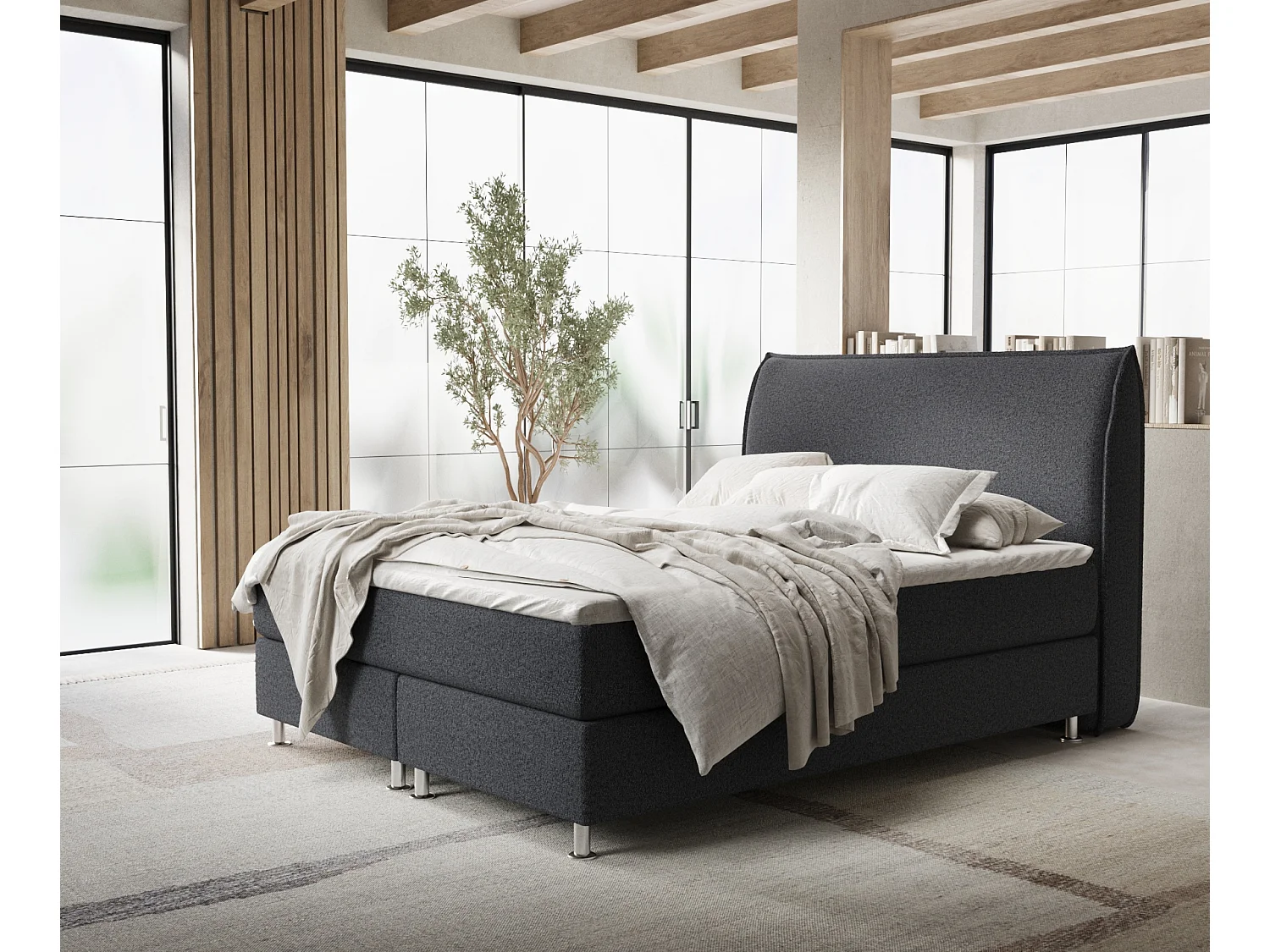 Łóżko boxspring w tkaninie plecionej Chermin – materac – topper – 160×200 cm – czarny 3991565