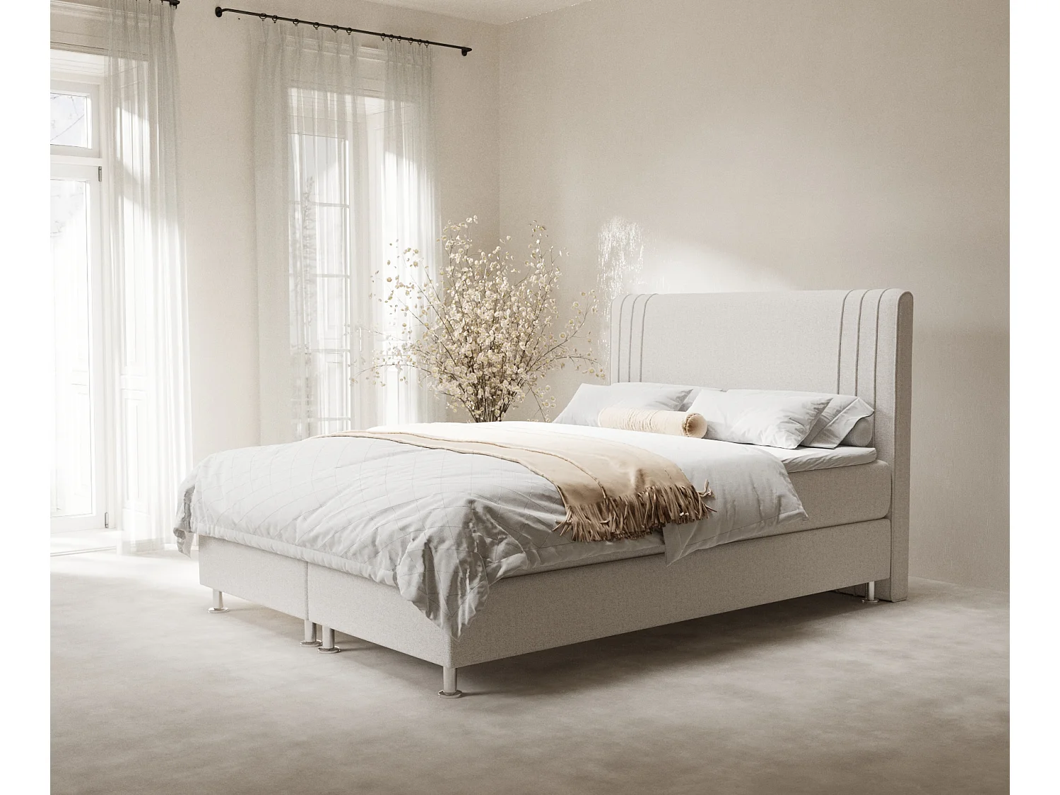 Łóżko boxspring w tkaninie plecionej Casone – materac – topper – 140×200 cm – beżowy 3991597