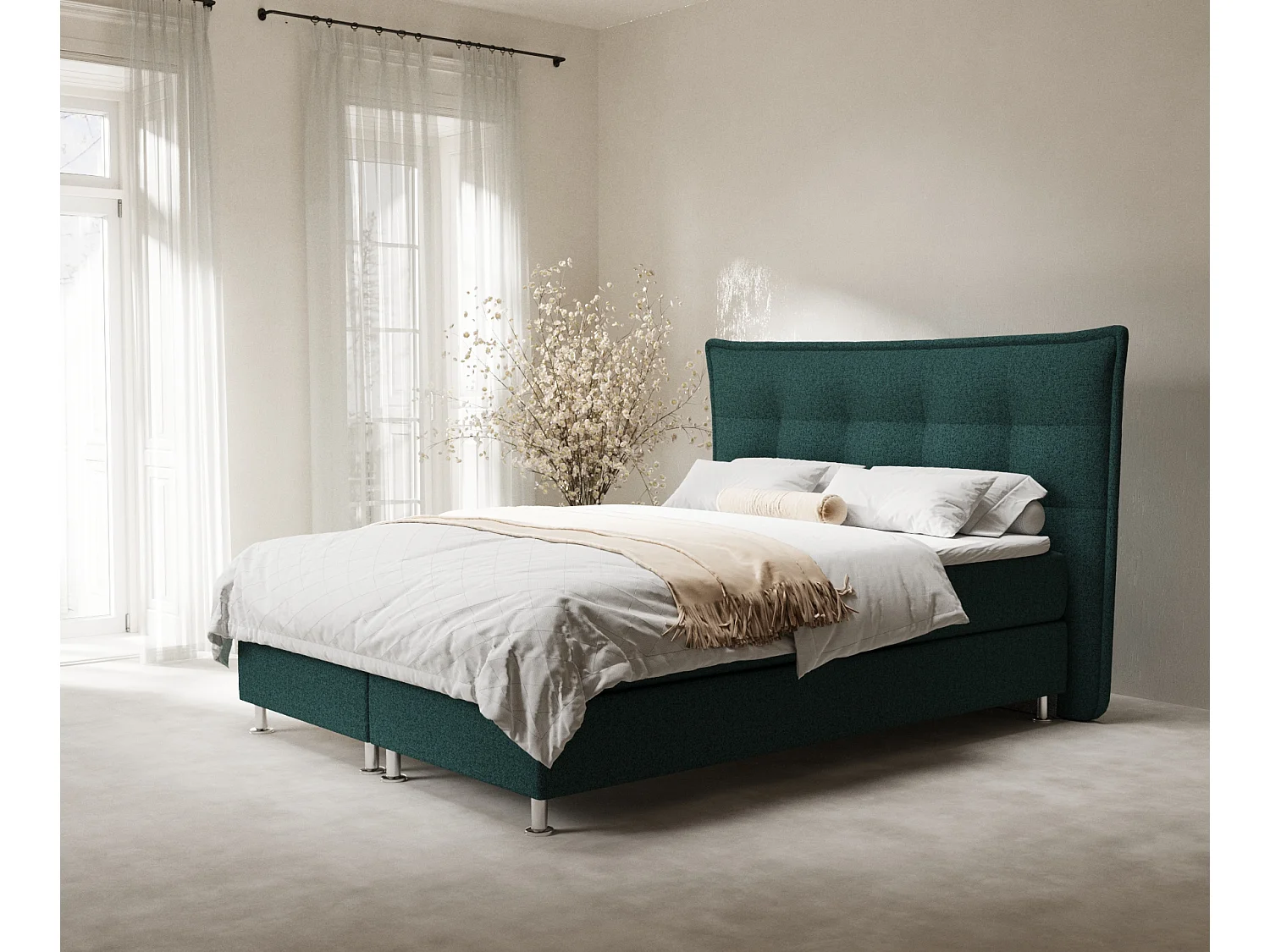 Łóżko boxspring w tkaninie plecionej Minori - materac - topper - 140x200 cm - zielony 3991615 - obrazek 1