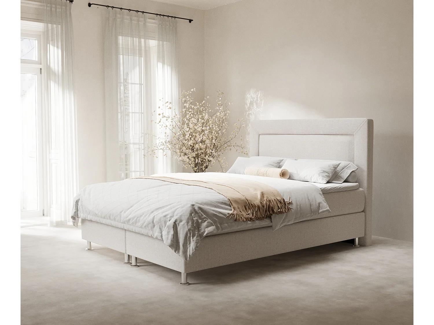 Łóżko boxspring w tkaninie plecionej Laguno - materac - topper - 160x200 cm - beżowy 3991618 - obrazek 1