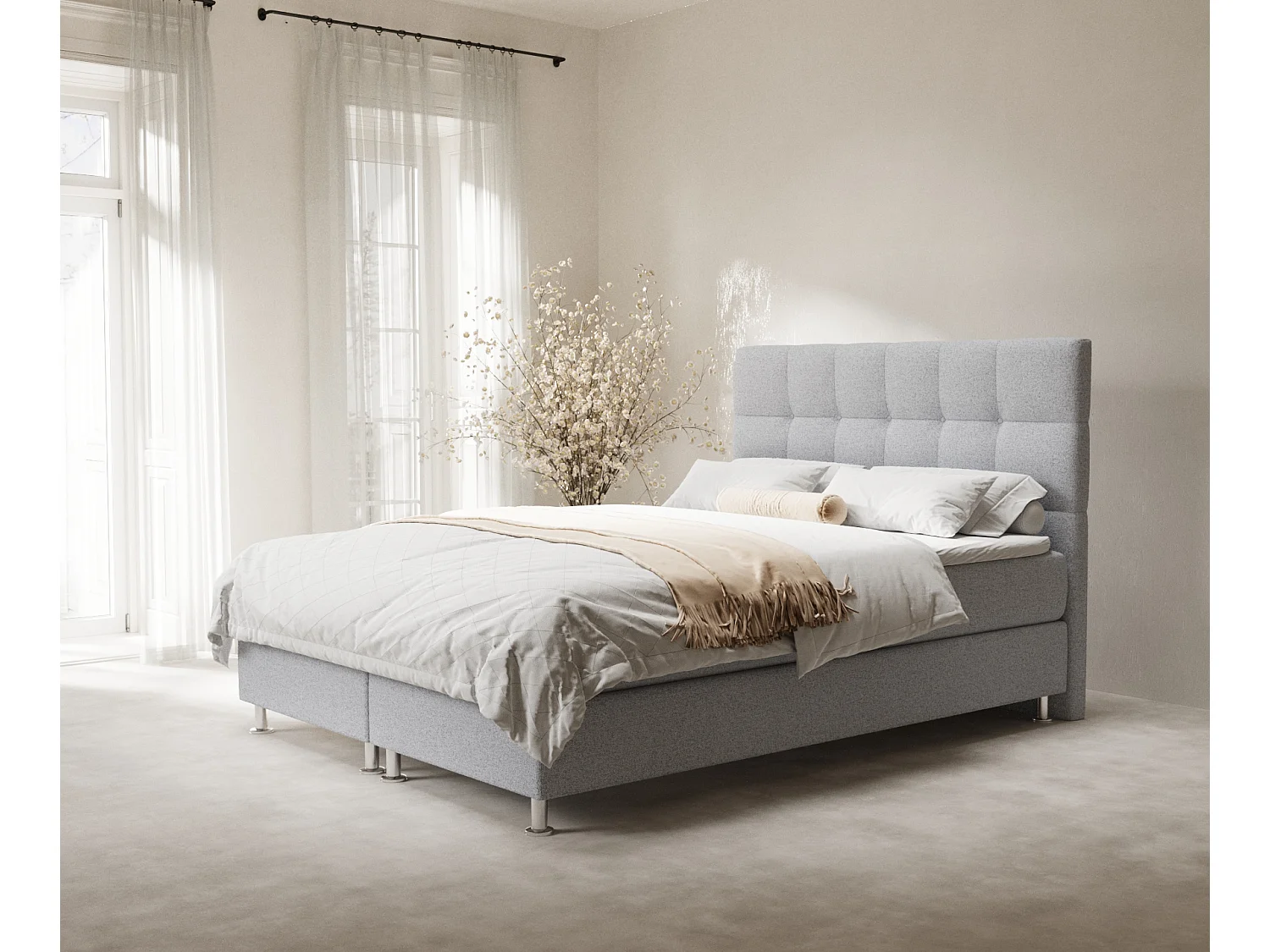 Łóżko boxspring w tkaninie plecionej Chanton – materac – topper – 160×200 cm – jasnoszary 3991620