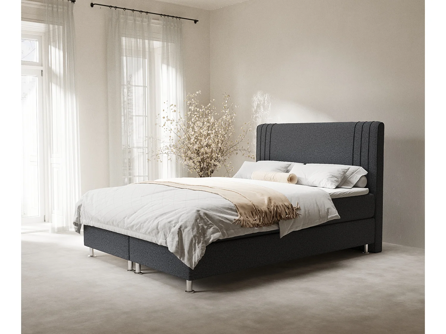 Łóżko boxspring w tkaninie plecionej Casone – materac – topper – 140×200 cm – czarny 3991632