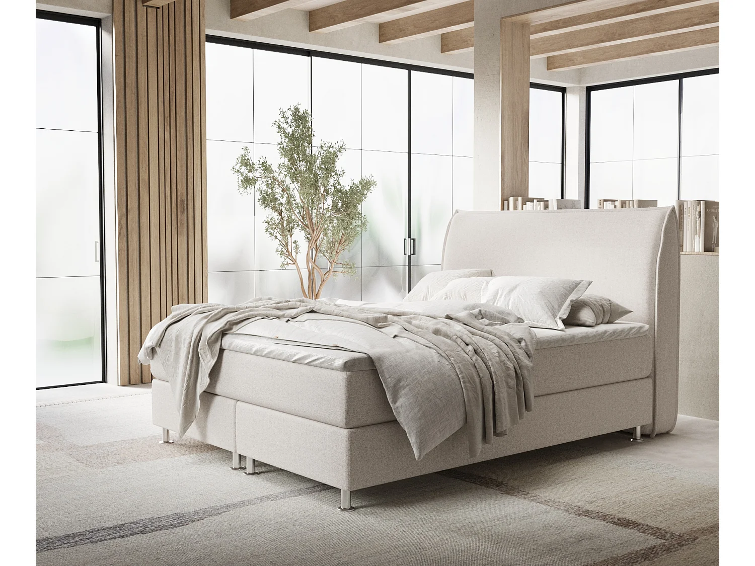 Łóżko boxspring w tkaninie plecionej Chermin - materac - topper - 160x200 cm - beżowy 3991657 - obrazek 1
