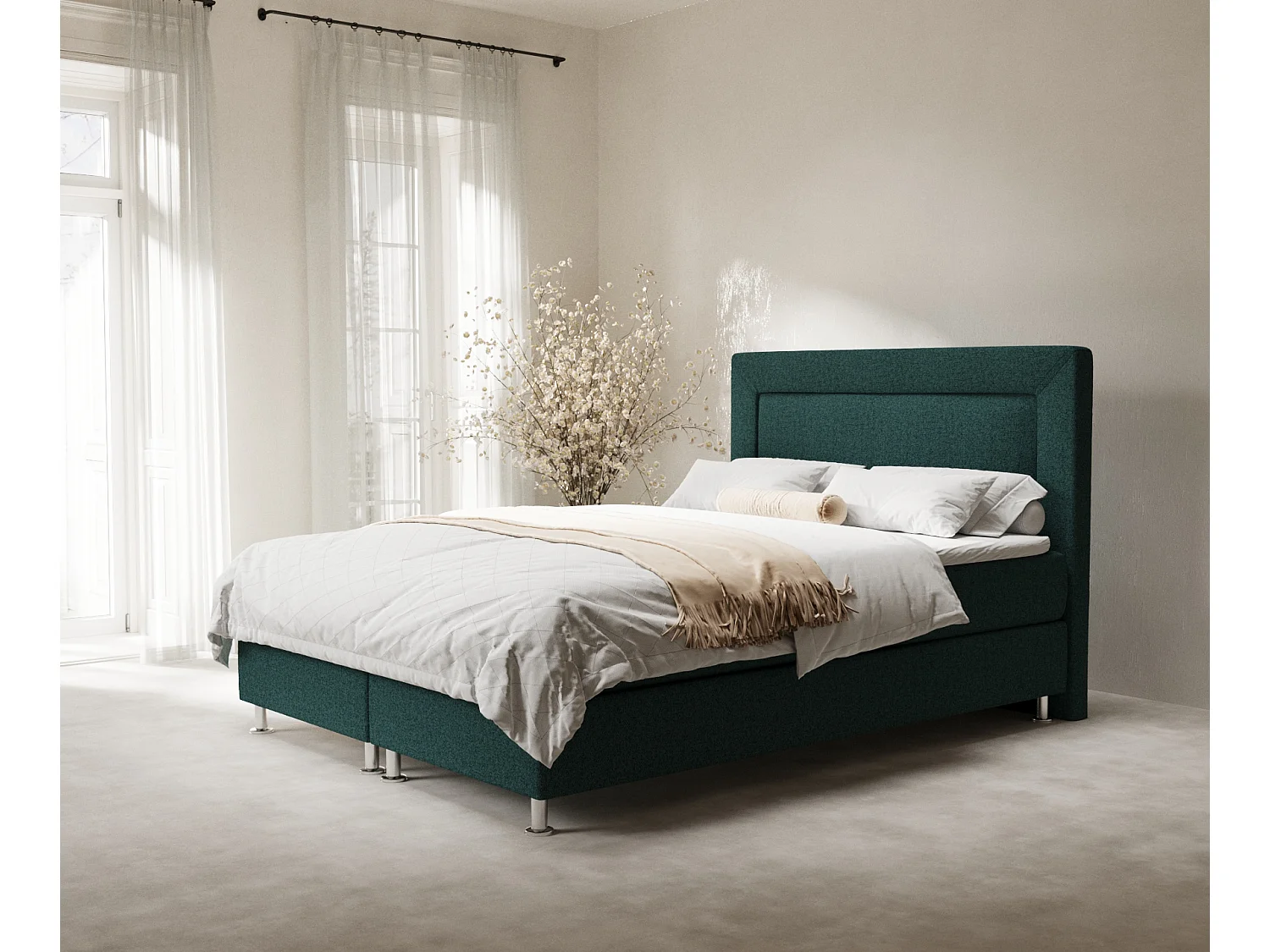 Łóżko boxspring w tkaninie plecionej Laguno - materac - topper - 160x200 cm - zielony 3991667 - obrazek 1