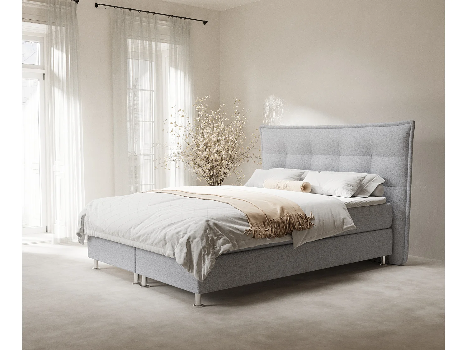 Łóżko boxspring w tkaninie plecionej Minori - materac - topper - 140x200 cm - jasnoszary 3991668 - obrazek 1