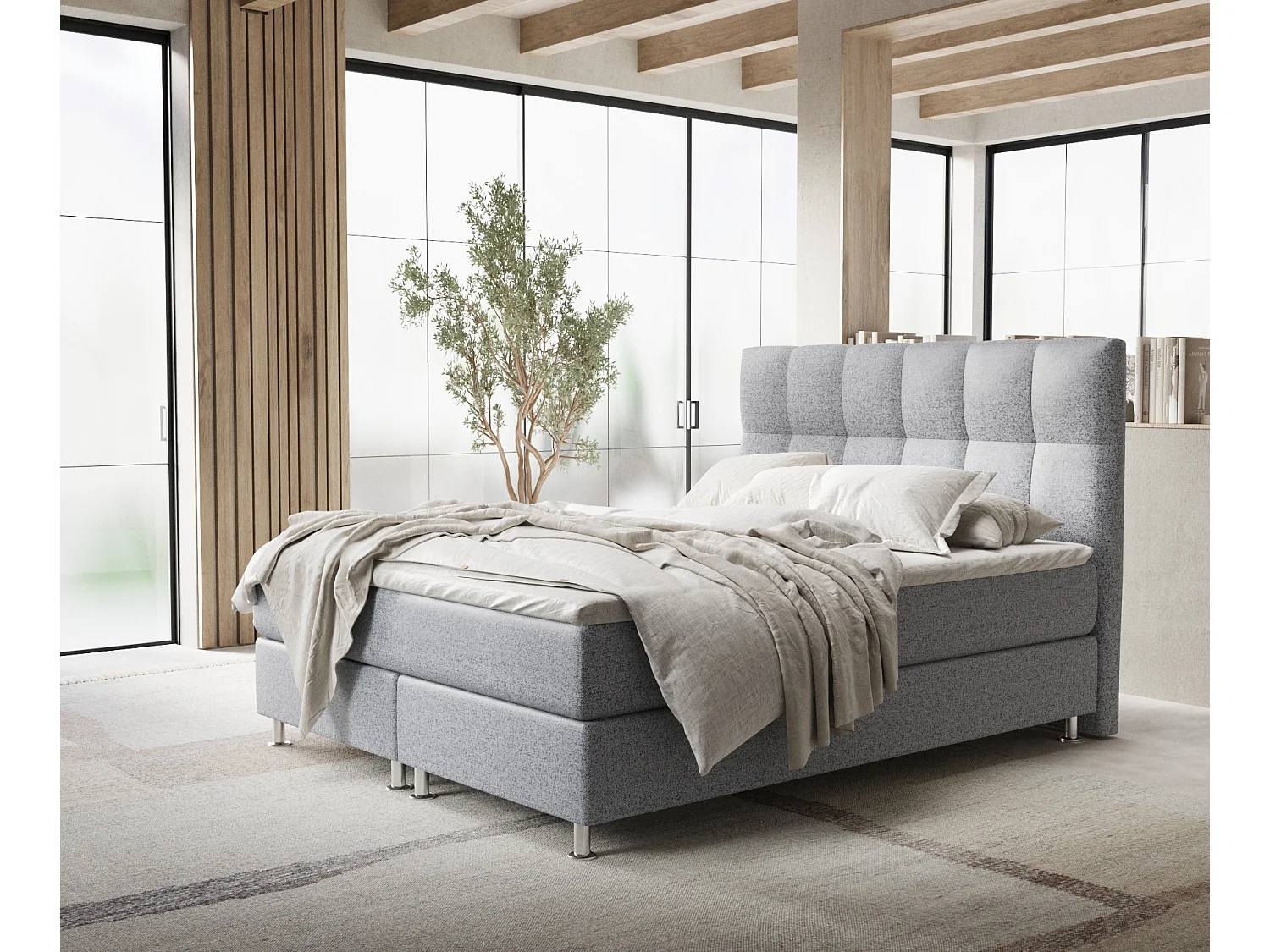 Łóżko boxspring w tkaninie plecionej Elisio - materac - topper - 200x200 cm - szary 3991696 - obrazek 1