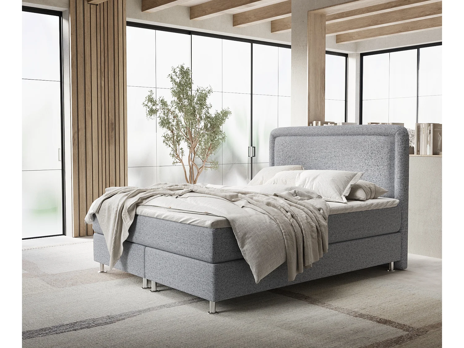 Łóżko boxspring w tkaninie plecionej Salvi - materac - topper - 180x200 cm - szary 4009245 - obrazek 1