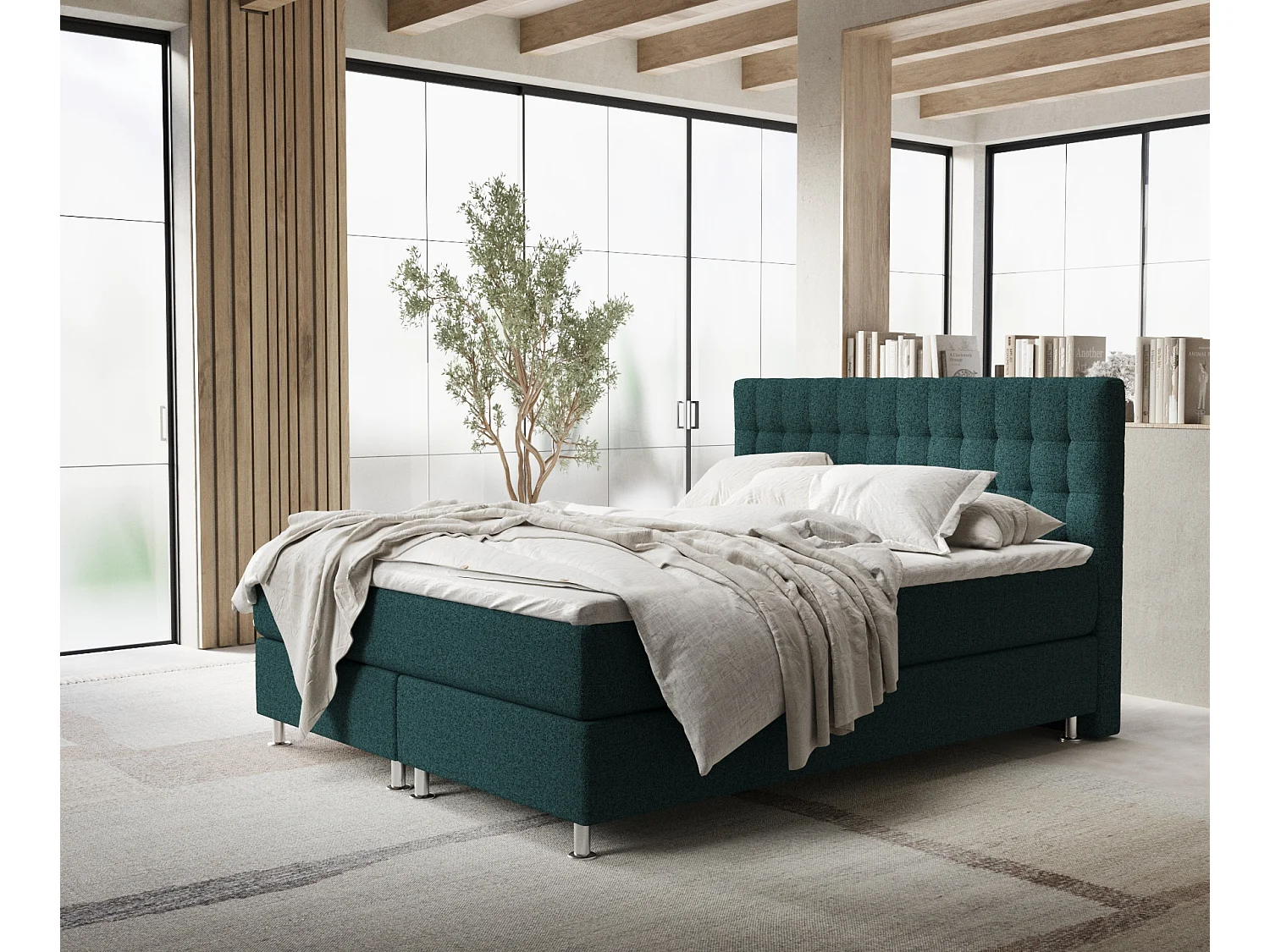 Łóżko boxspring w tkaninie plecionej Sorrento - materac - topper - 200x200 cm - zielony 4009249 - obrazek 1
