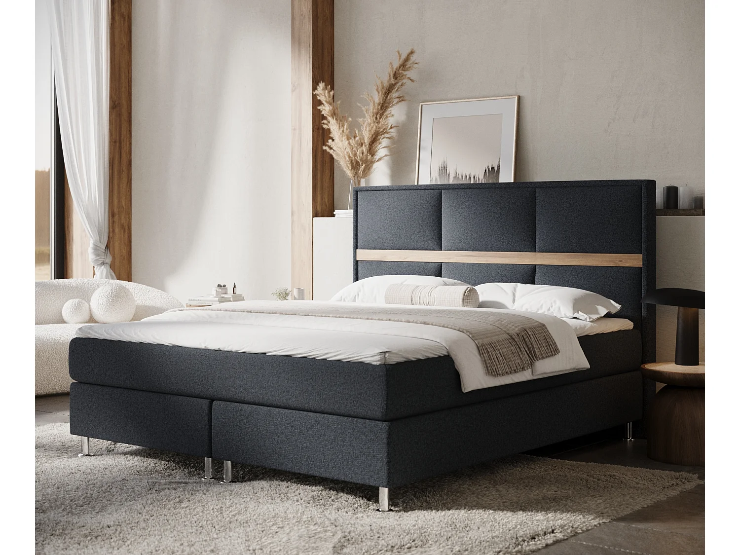 Łóżko boxspring w tkaninie plecionej Soto - materac - topper - 160x200 cm - czarny 4009268 - obrazek 1