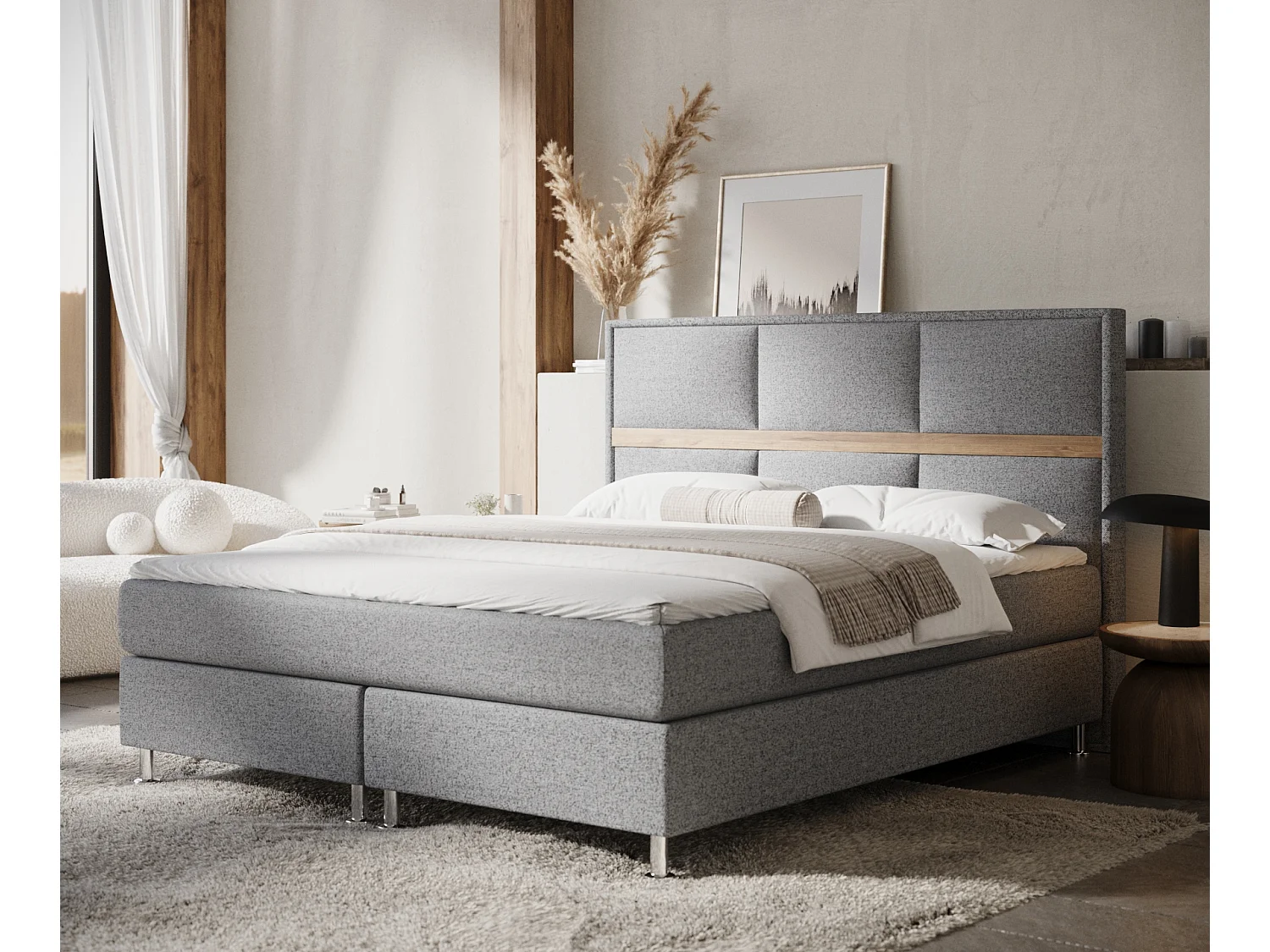 Łóżko boxspring w tkaninie plecionej Soto - materac - topper - 140x200 cm - szary 4009282 - obrazek 1