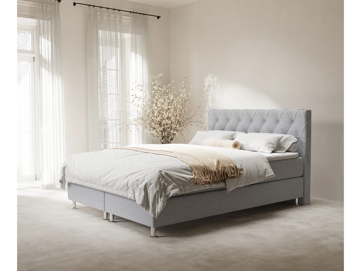 Łóżko boxspring w tkaninie plecionej Otus - materac - topper - 160x200 cm - jasnoszary 4009300 - obrazek 1