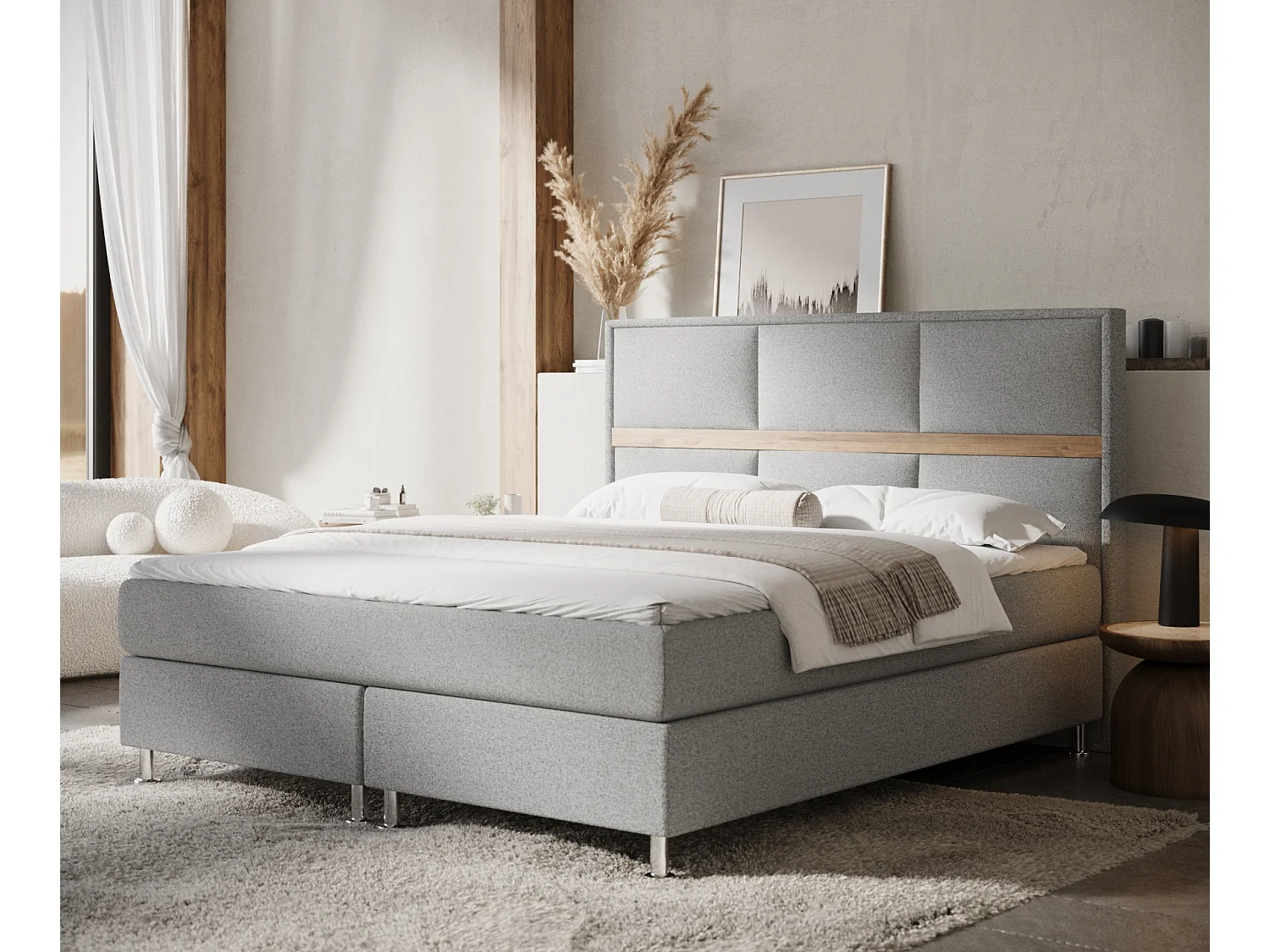 Łóżko boxspring w tkaninie plecionej Soto - materac - topper - 140x200 cm - jasnoszary 4009304 - obrazek 1