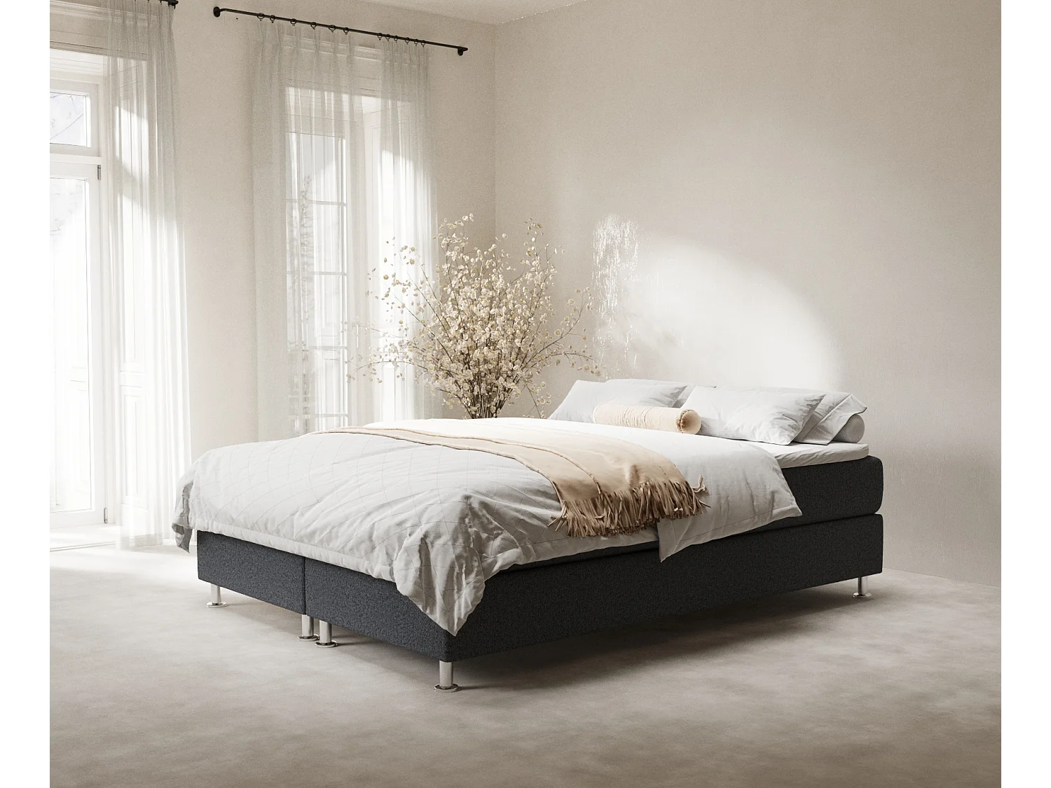 Łóżko boxspring w tkaninie plecionej Sub - materac - topper - 200x200 cm - czarny 4009369 - obrazek 1
