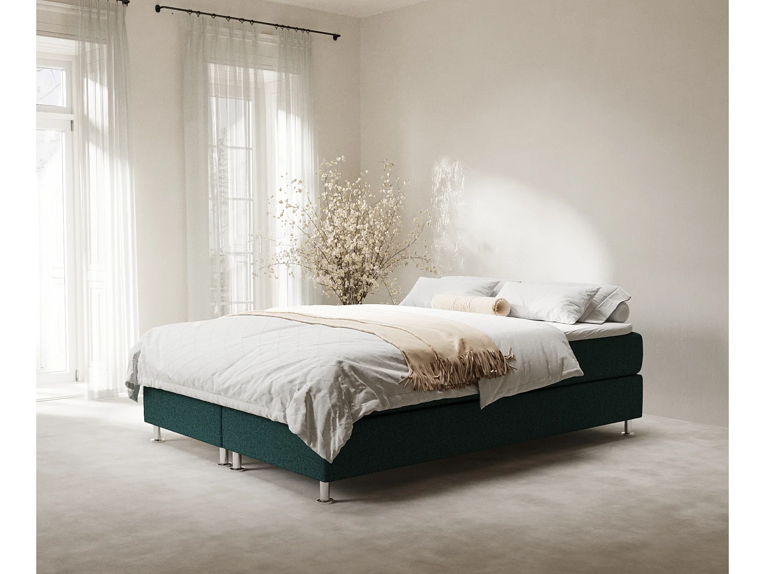 Łóżko boxspring w tkaninie plecionej Sub - materac - topper - 140x200 cm - zielony 4009388 - obrazek 1