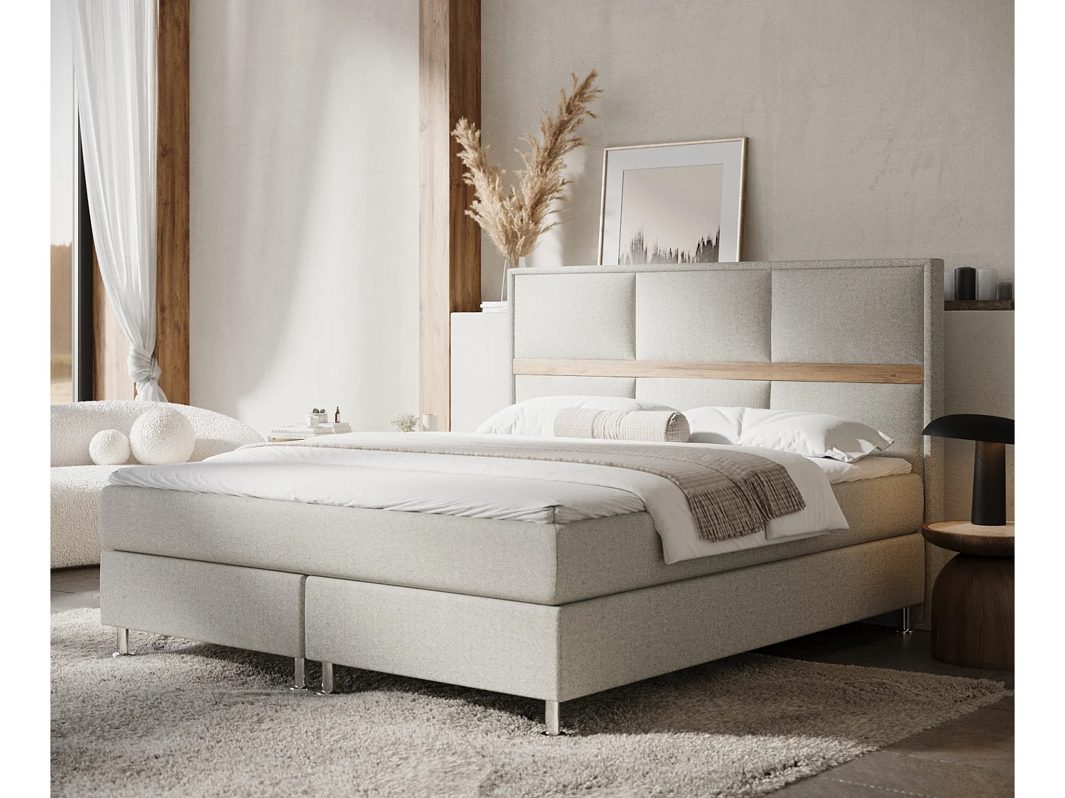 Łóżko boxspring w tkaninie plecionej Soto - materac - topper - 180x200 cm - beżowy 4009411 - obrazek 1