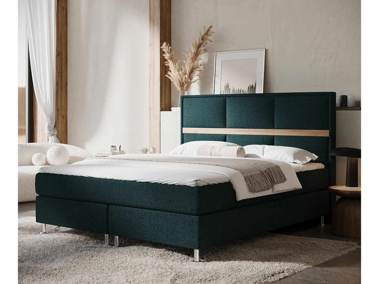 Łóżko boxspring w tkaninie plecionej Soto - materac - topper - 200x200 cm - zielony 4009416 - obrazek 1