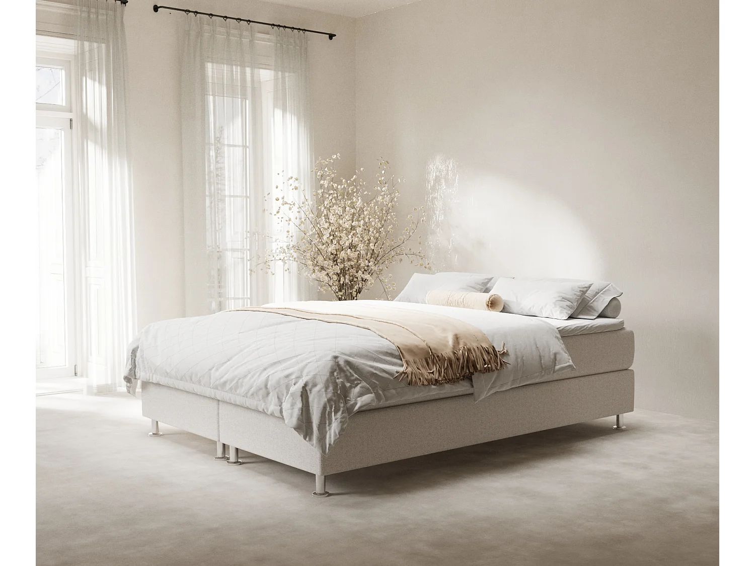 Łóżko boxspring w tkaninie plecionej Sub - materac - topper - 180x200 cm - beżowy 4009436 - obrazek 1