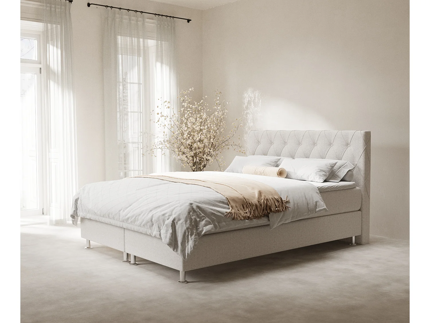 Łóżko boxspring w tkaninie plecionej Otus - materac - topper - 200x200 cm - beżowy 4009440 - obrazek 1