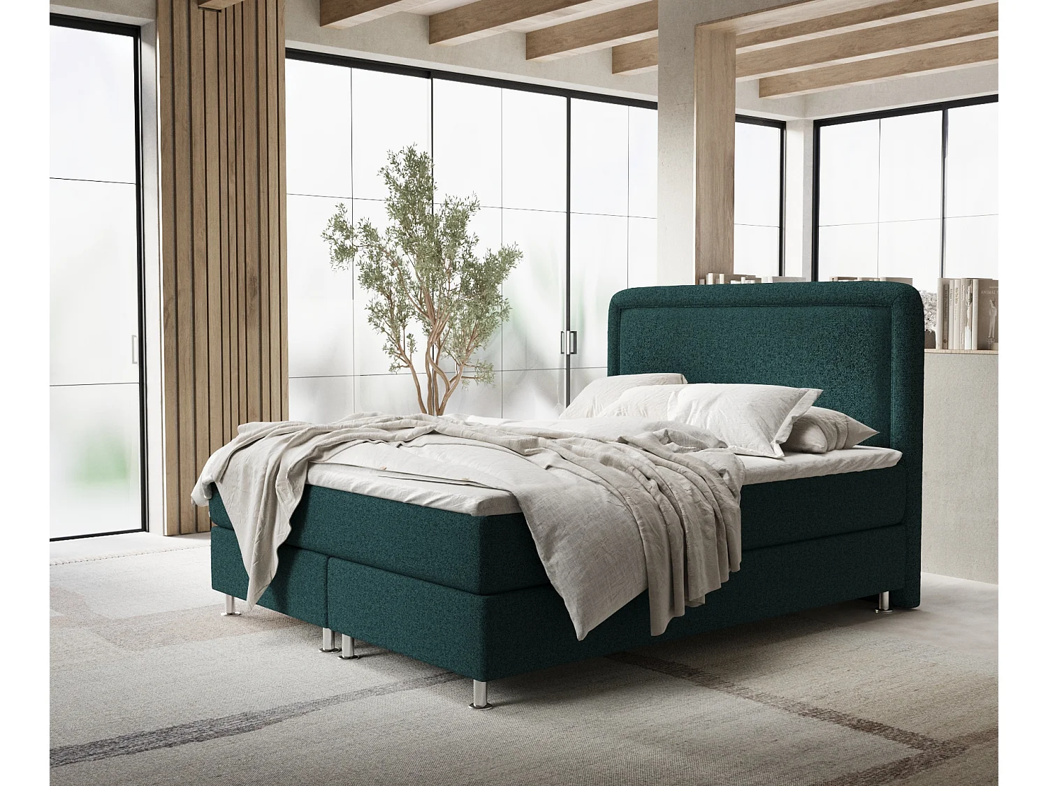 Łóżko boxspring w tkaninie plecionej Salvi - materac - topper - 160x200 cm - zielony 4009456 - obrazek 1