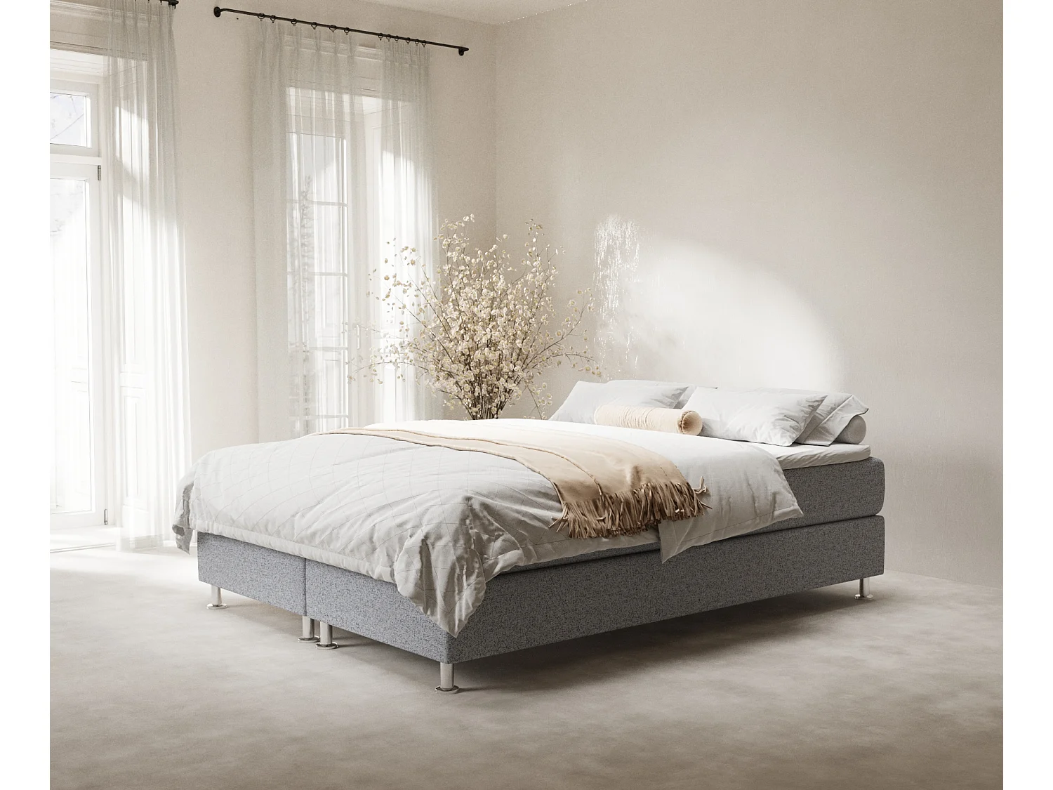 Łóżko boxspring w tkaninie plecionej Sub - materac - topper - 180x200 cm - szary 4009462 - obrazek 1
