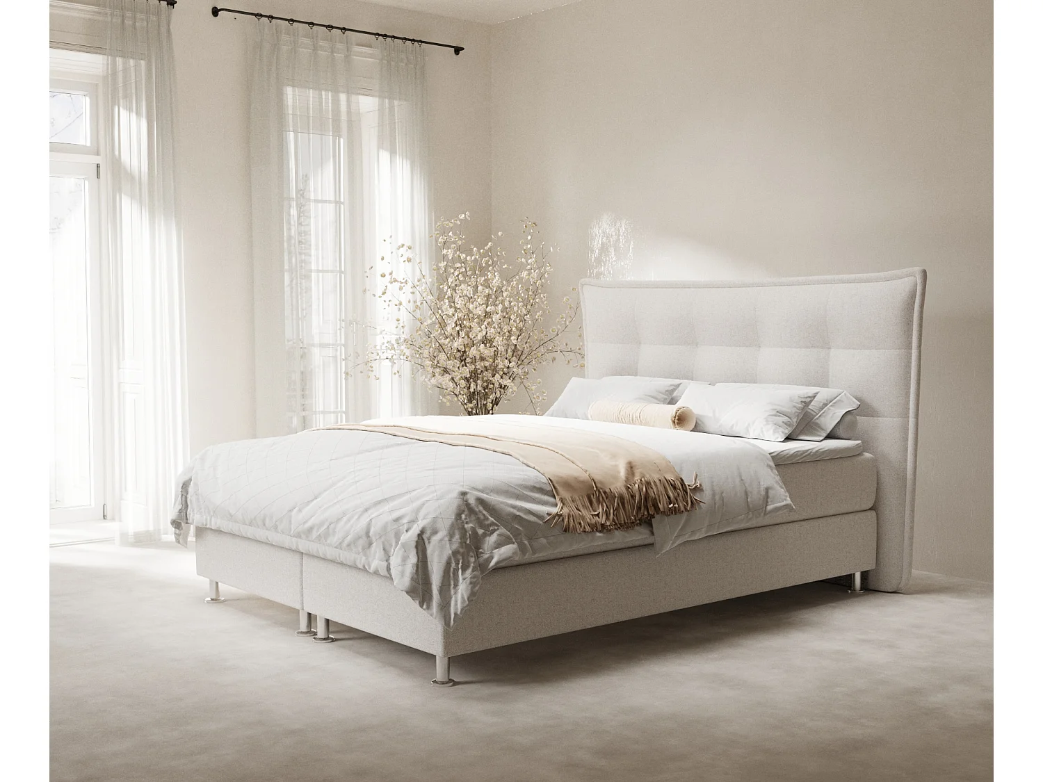 Łóżko boxspring w tkaninie plecionej Minori - materac - topper - 200x200 cm - beżowy 4009475 - obrazek 1