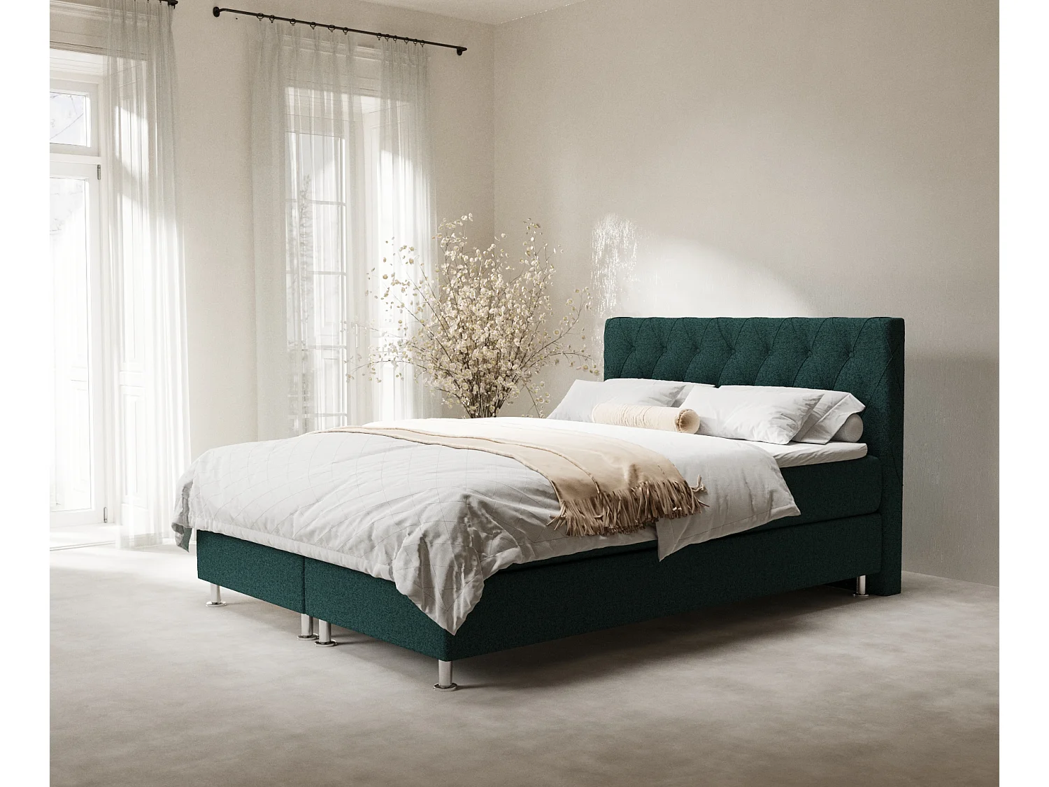 Łóżko boxspring w tkaninie plecionej Otus - materac - topper - 200x200 cm - zielony 4009508 - obrazek 1
