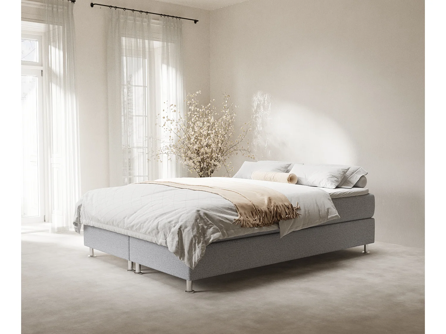 Łóżko boxspring w tkaninie plecionej Sub - materac - topper - 140x200 cm - jasnoszary 4009511 - obrazek 1