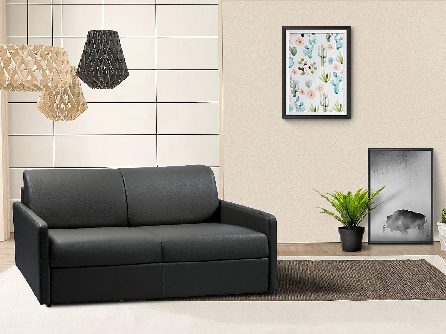 Kanapa 3-osobowa rozkładana typu expres z ekoskóry CALIFE - Czarny - Miejsce do spania 140 cm - Materac 14 cm 129421 - obrazek 1