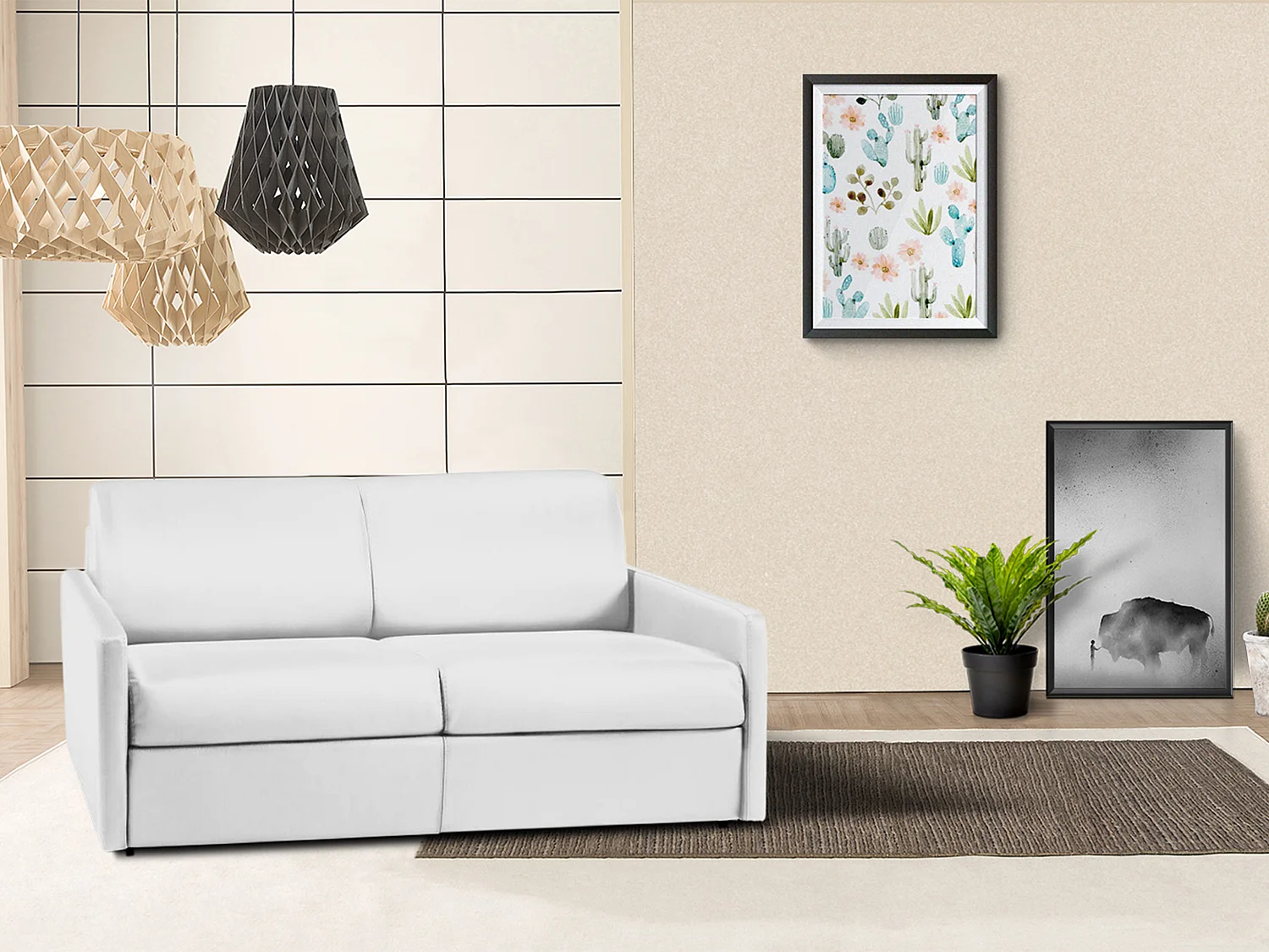 Kanapa 3-osobowa rozkładana typu expres z ekoskóry CALIFE - Biały - Miejsce do spania 140 cm - Materac 18 cm 129489 - obrazek 1