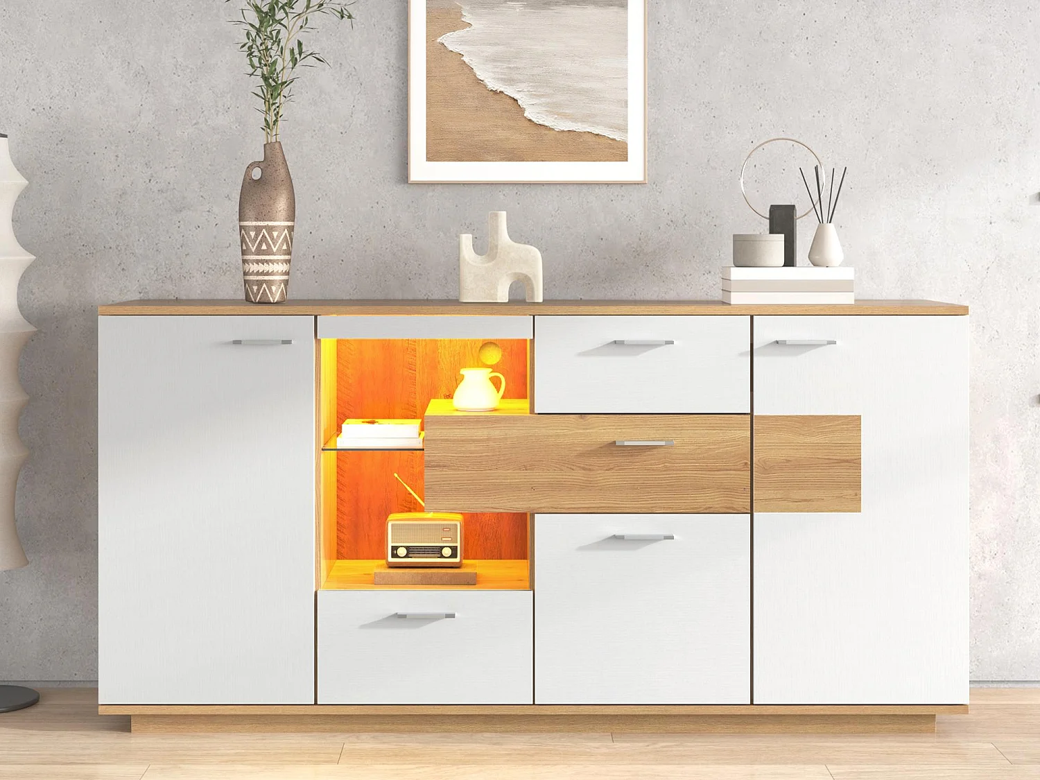 Bufet niski z LED – 2 drzwi i 4 szuflady – styl nowoczesny – Biały i Naturalny 1543927