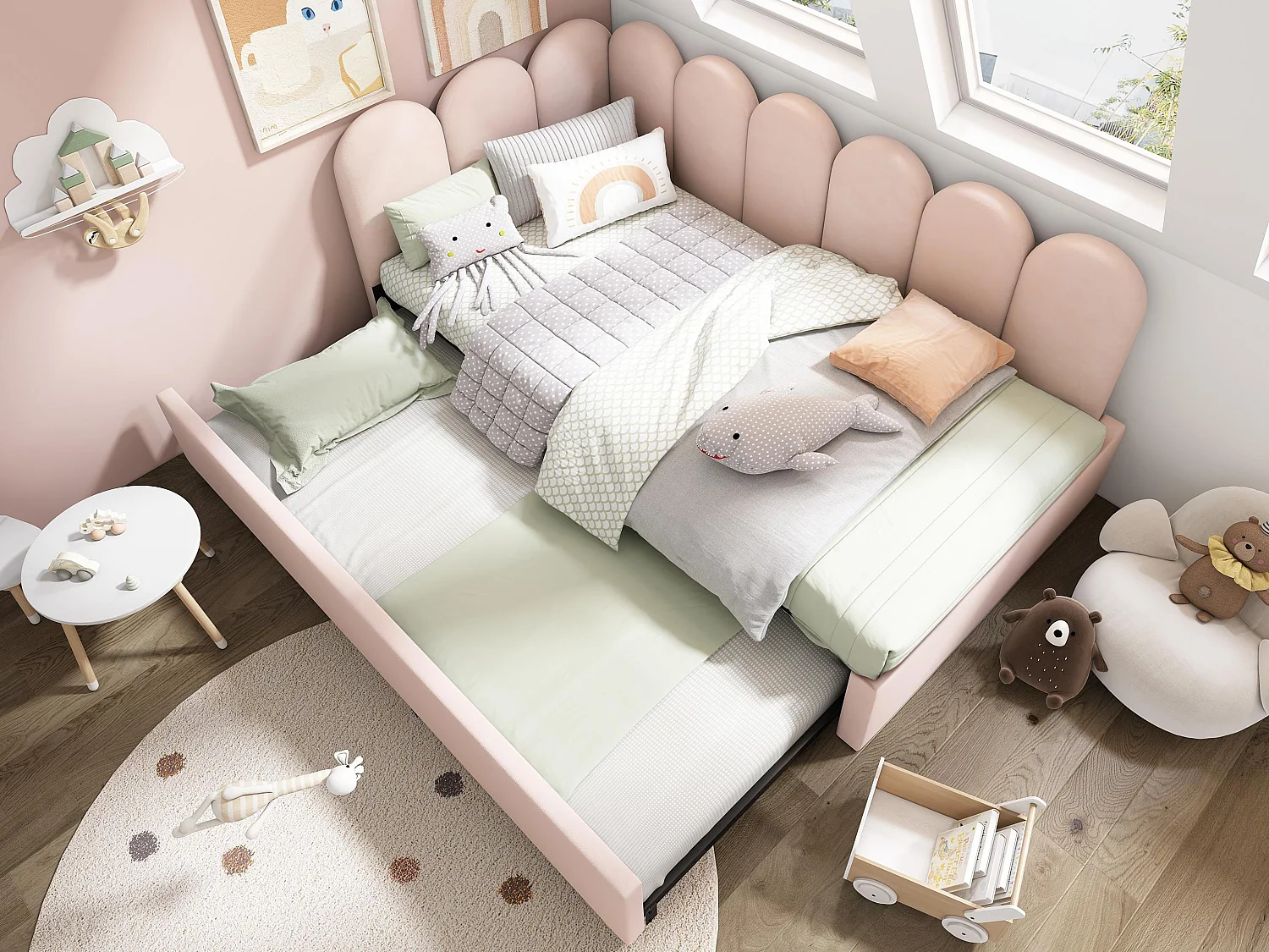 Łóżko banquette 90×200 cm – z łóżkiem wysuwanym 90×190 – tkanina welurowa – Różowy 4030372