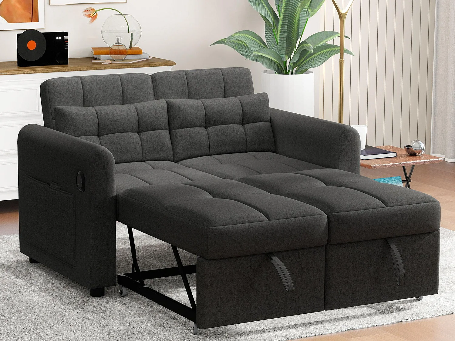 Kanapa 3 w 1 - Kanapa 2-osobowa - Regulowane oparcie - Z portem USB - Kieszenie w podłokietnikach + Poduszki - Szary 4031860 - obrazek 1