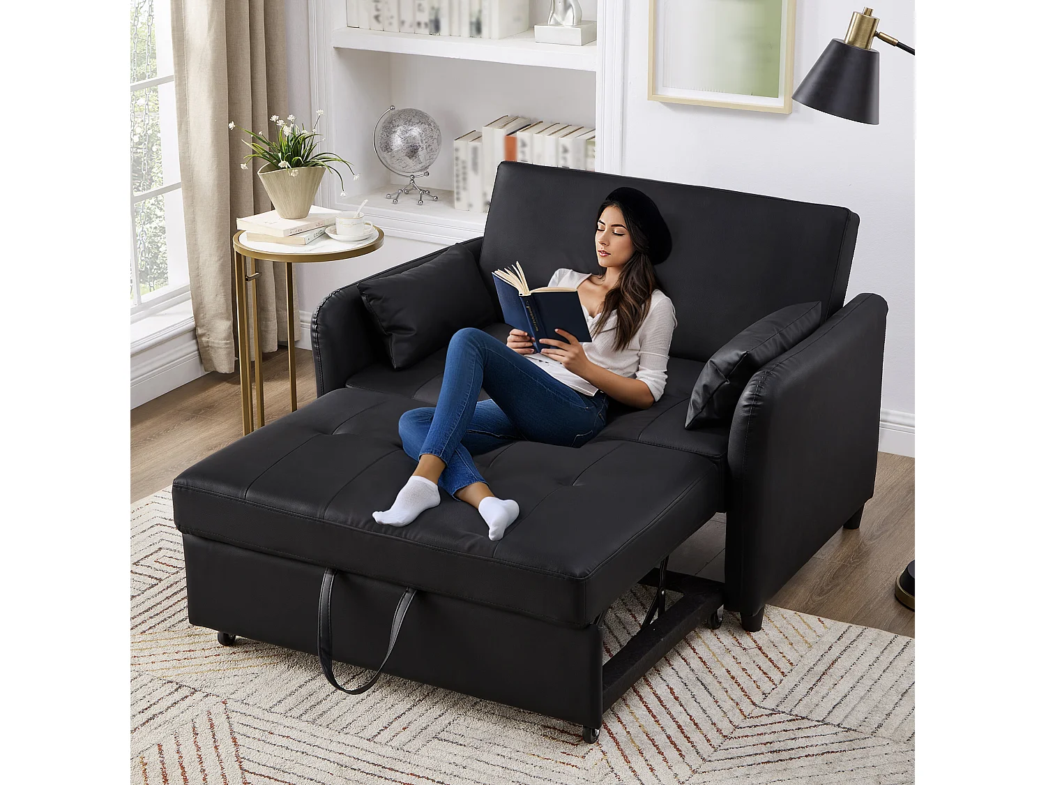 Kanapa wielofunkcyjna 122x83x82cm - z funkcją spania - rozkładana kanapa dwuosobowa - regulowane oparcie na 3 poziomach - materiał PU wodoodporny - czarny 4031864 - obrazek 1