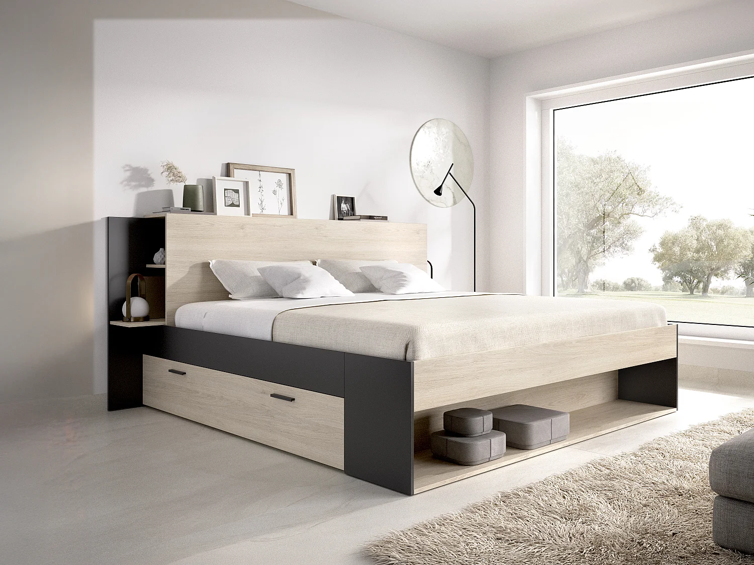 Łóżko 140 x 190 cm ze skrzynią i – Naturalny i czarny + Stelaż – KEROSIA 4039120
