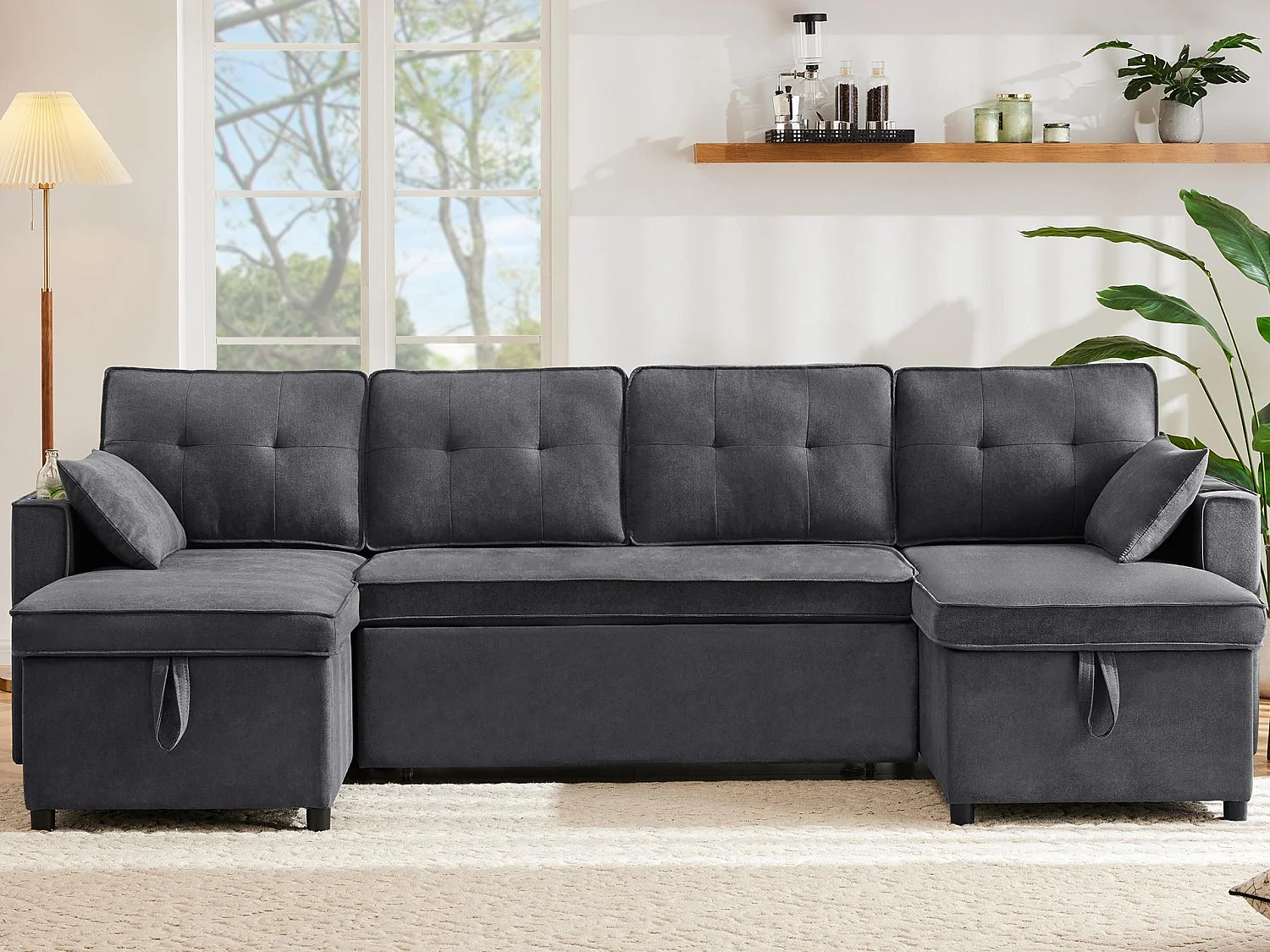Kanapa w kształcie U 270x130x86cm - Kanapa tapicerowana - Tkanina bawełniana i lniana - Z uchwytem na kubek - Dwie komory do przechowywania - Szary 4066942 - obrazek 1