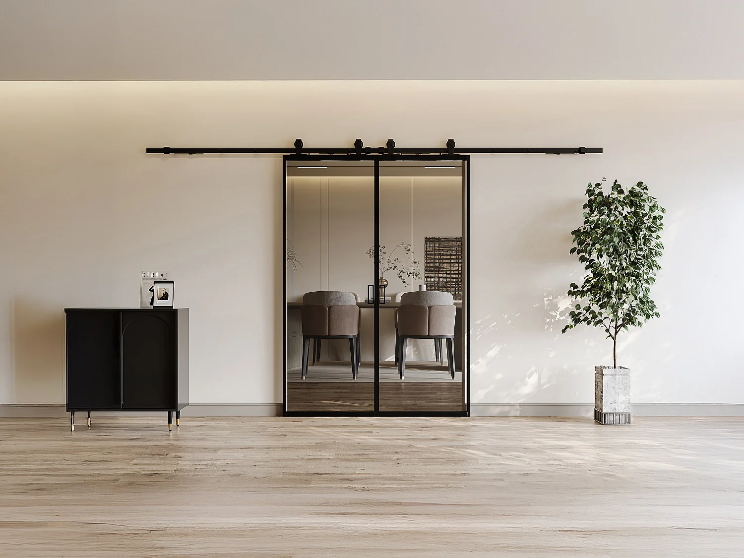 Drzwi przesuwne podwójne z naściennym systemem przesuwnym – aluminium i szkło hartowane przydymione – 2 x wys. 205 x dł. 63 cm– LINCI II 4022479